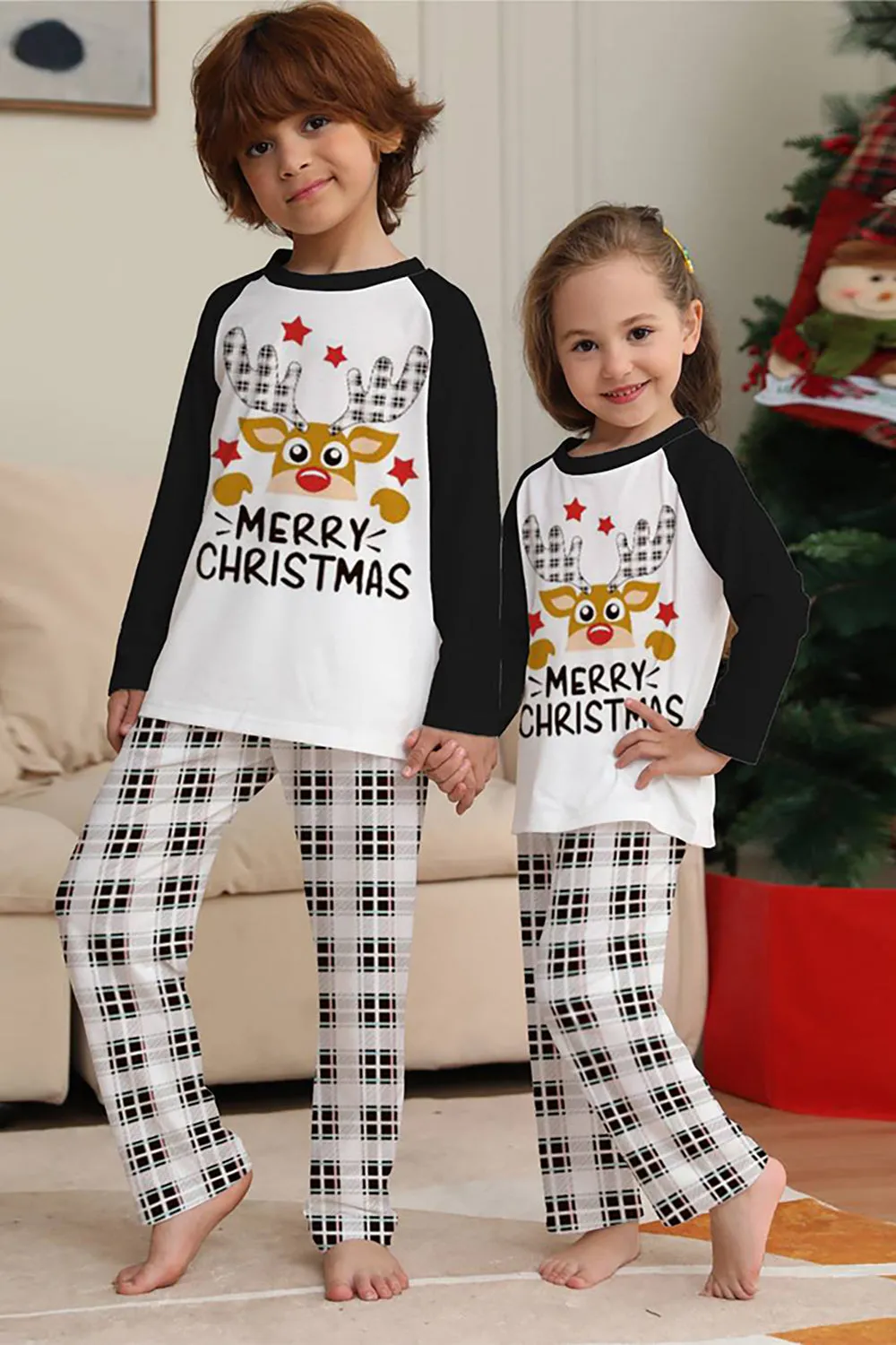 Black and White Plaid Christmas Deer Family Pajamas Set