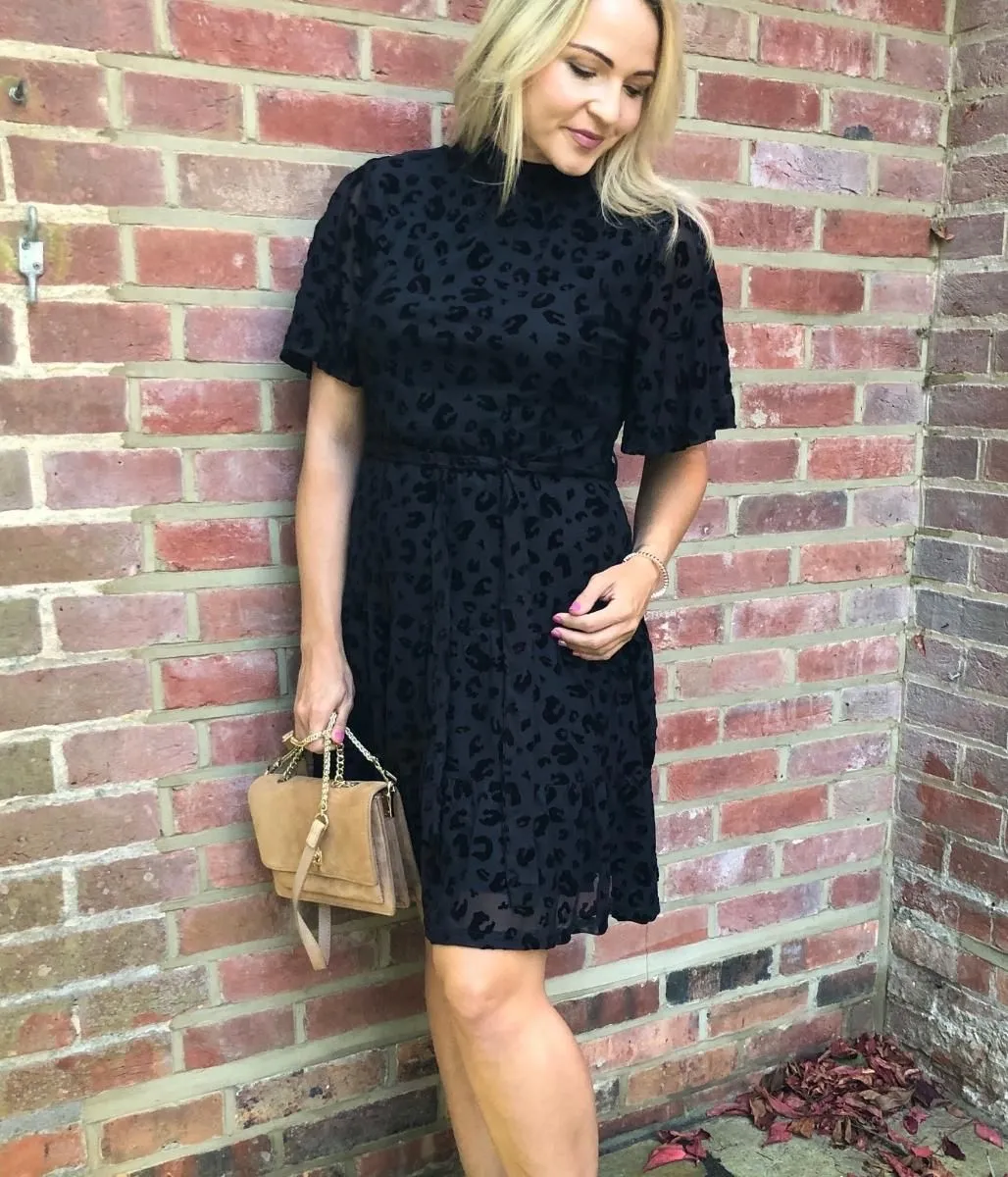 Black Angel Sleeve Velvet Print Dress