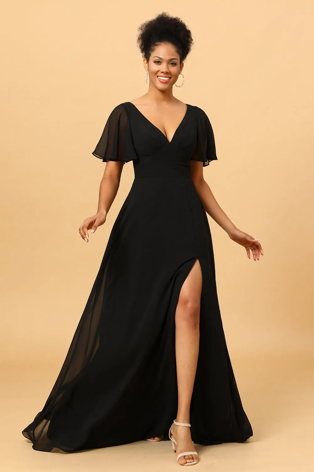 Black Batwing Sleeves Long Chiffon Bridesmaid Dress