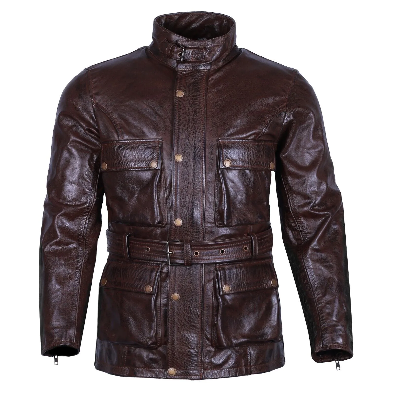 Black Benjamin Button Biker Mens Long Leather Jacket Motorcycle Armoured Vintage-02