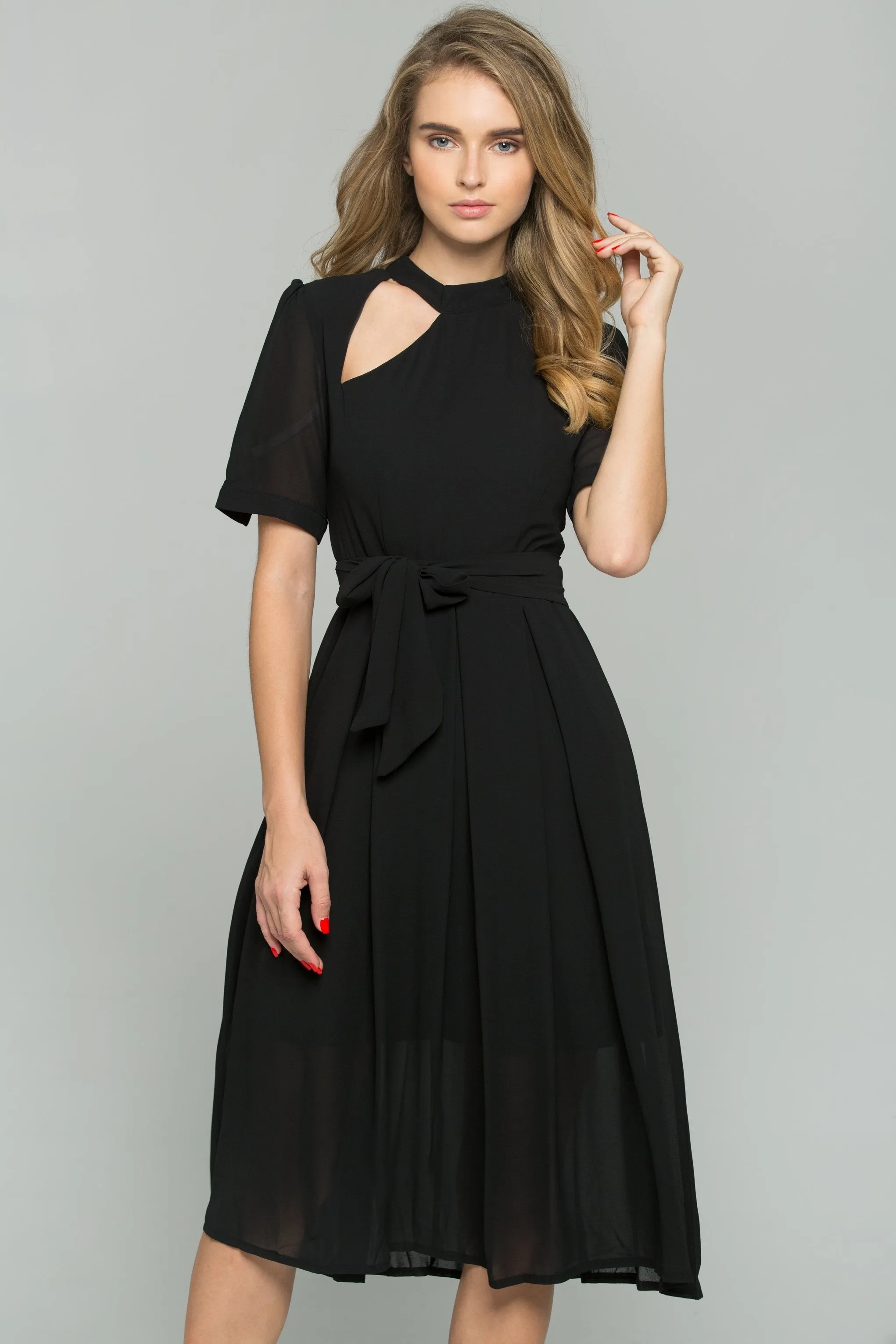 Black Chiffon Cut-out Sleeved Front Ribbon Strap Sheath Midi Dress