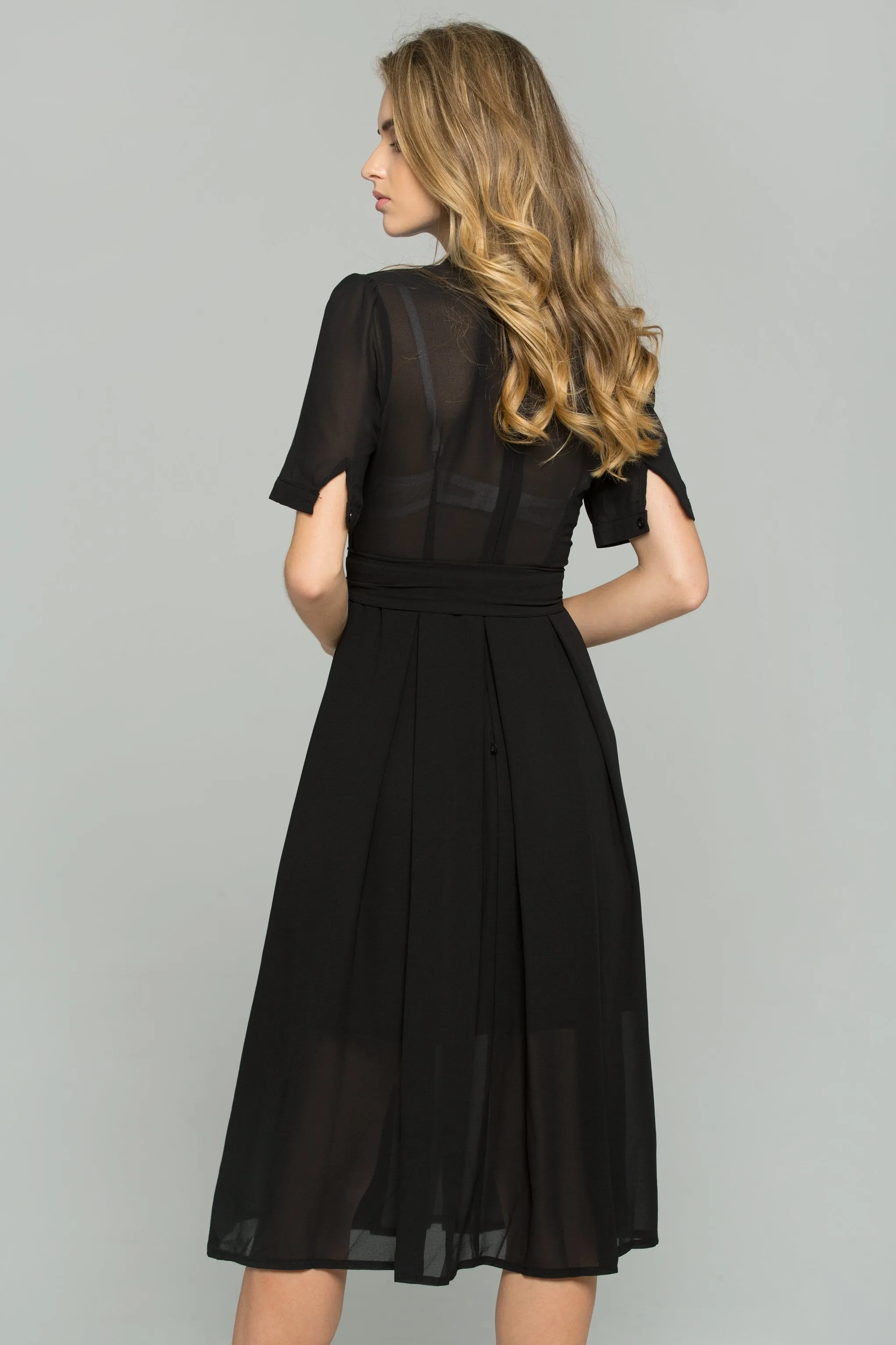 Black Chiffon Cut-out Sleeved Front Ribbon Strap Sheath Midi Dress