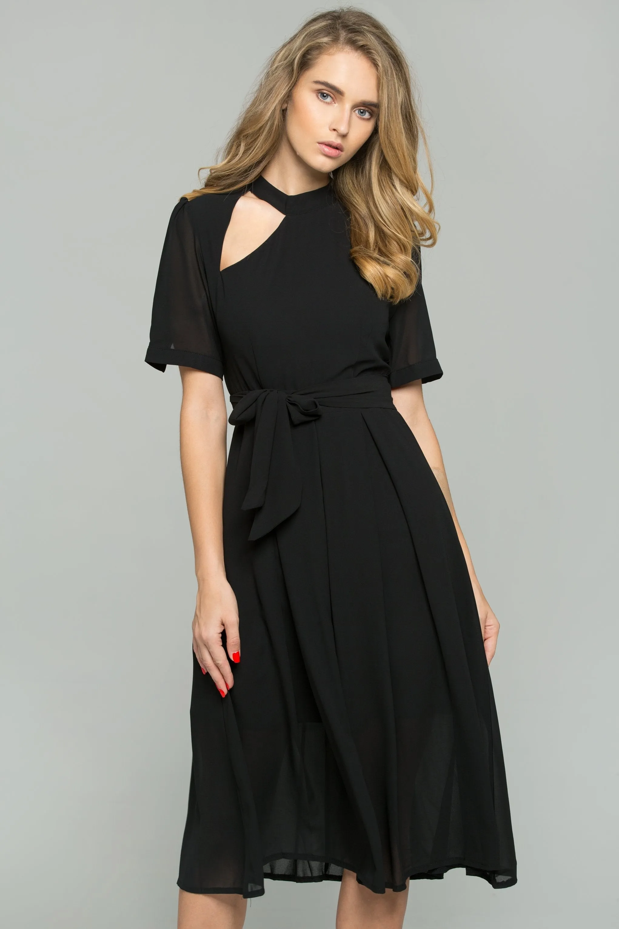 Black Chiffon Cut-out Sleeved Front Ribbon Strap Sheath Midi Dress