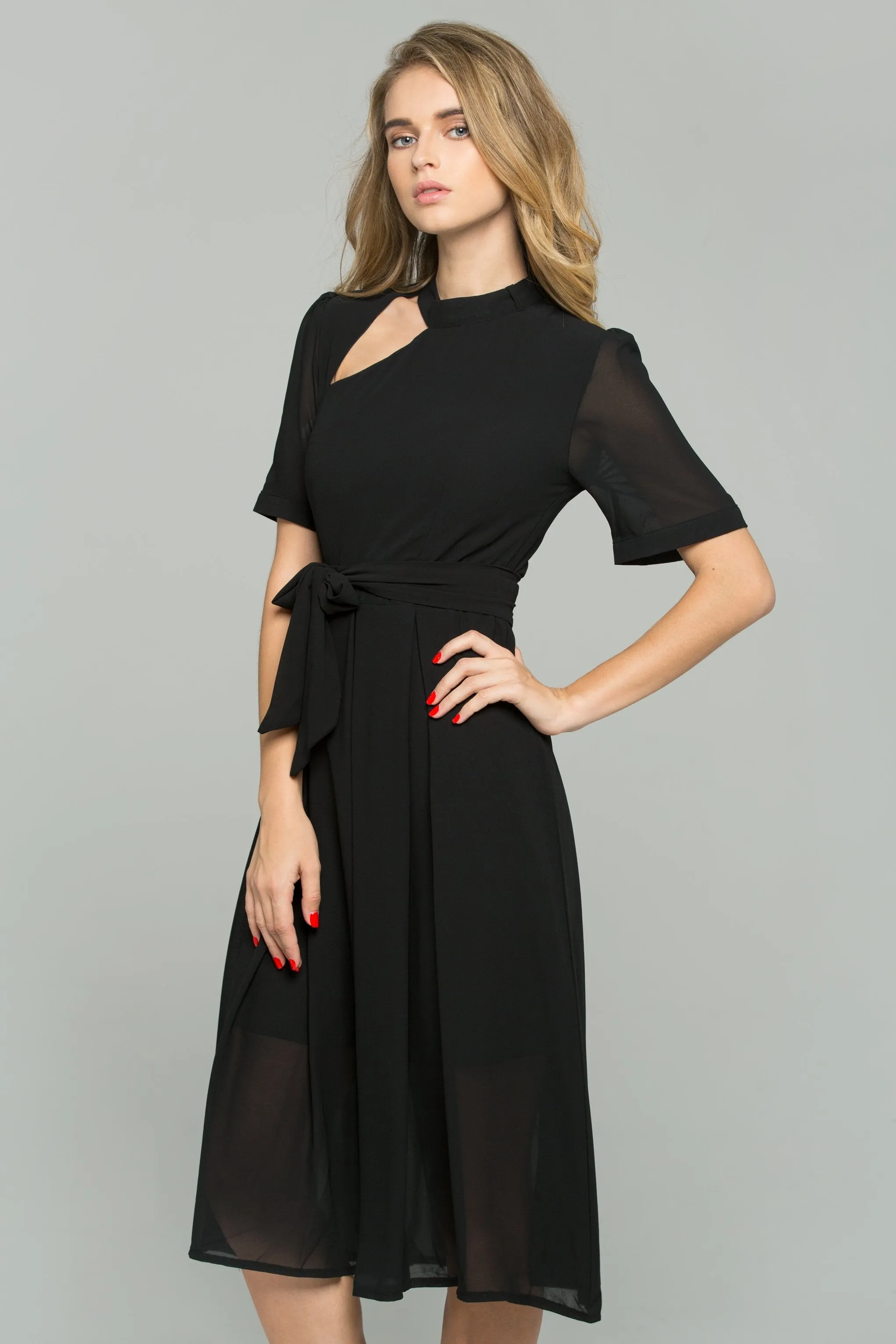 Black Chiffon Cut-out Sleeved Front Ribbon Strap Sheath Midi Dress