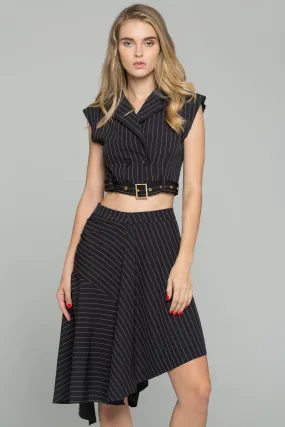 Black Deep V-Neck Pinstripe Double-Buttoned Cropped Sleeveless Co-ord Dress