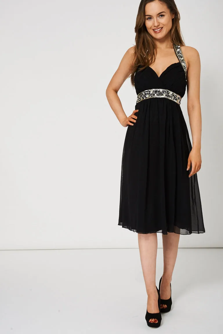 Black Pleated Bust And Gem Chiffon Dress