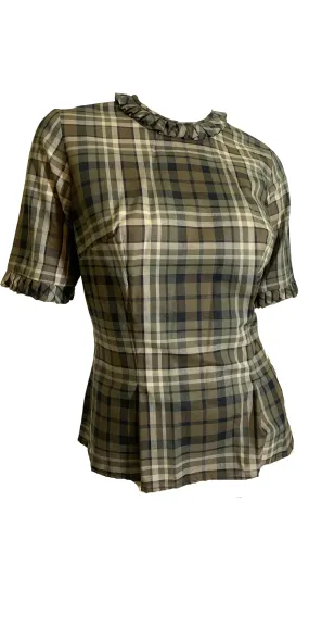 Blue & Tan Plaid Button Back Nipped Waist Blouse circa 1960s