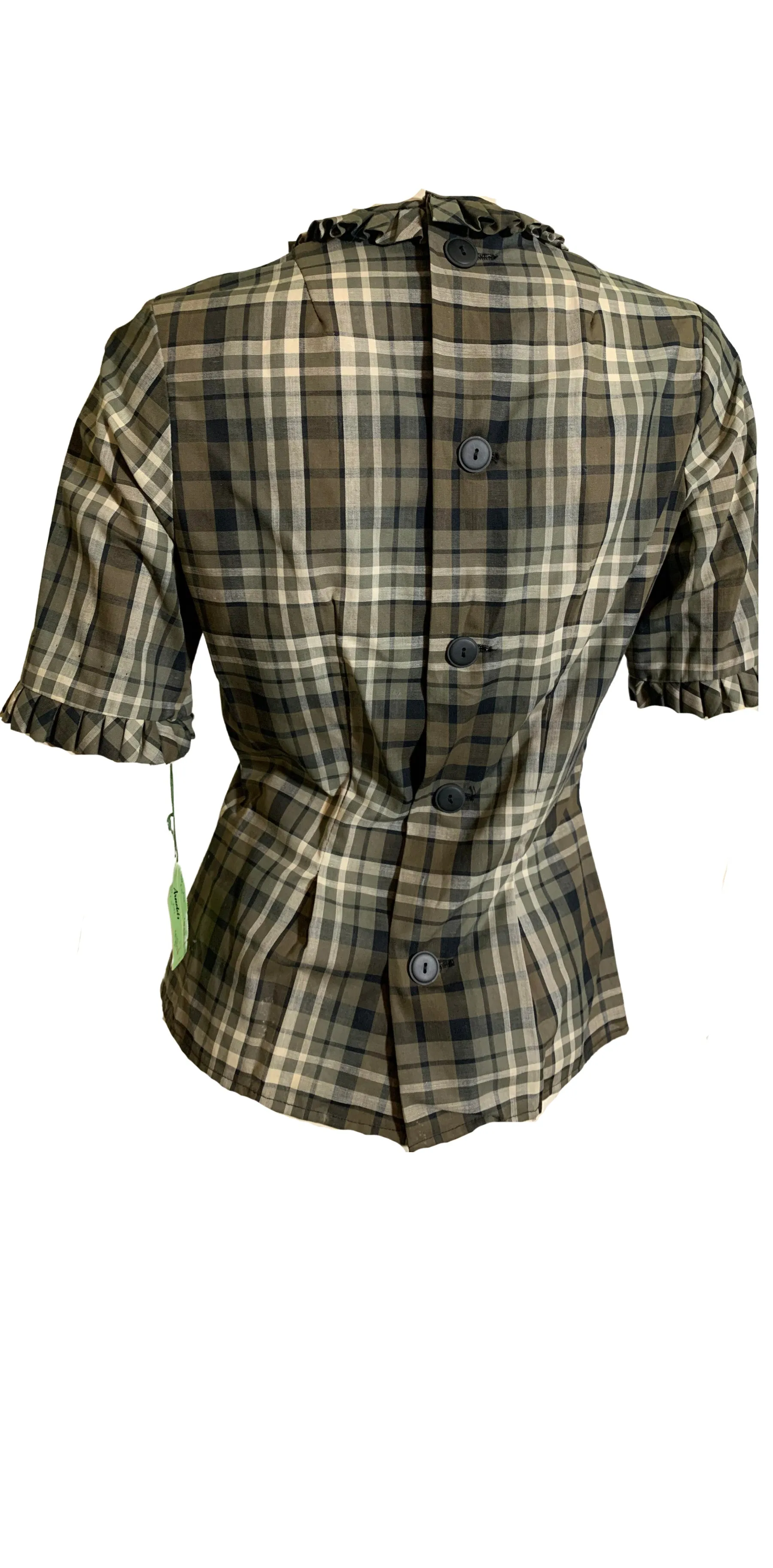 Blue & Tan Plaid Button Back Nipped Waist Blouse circa 1960s