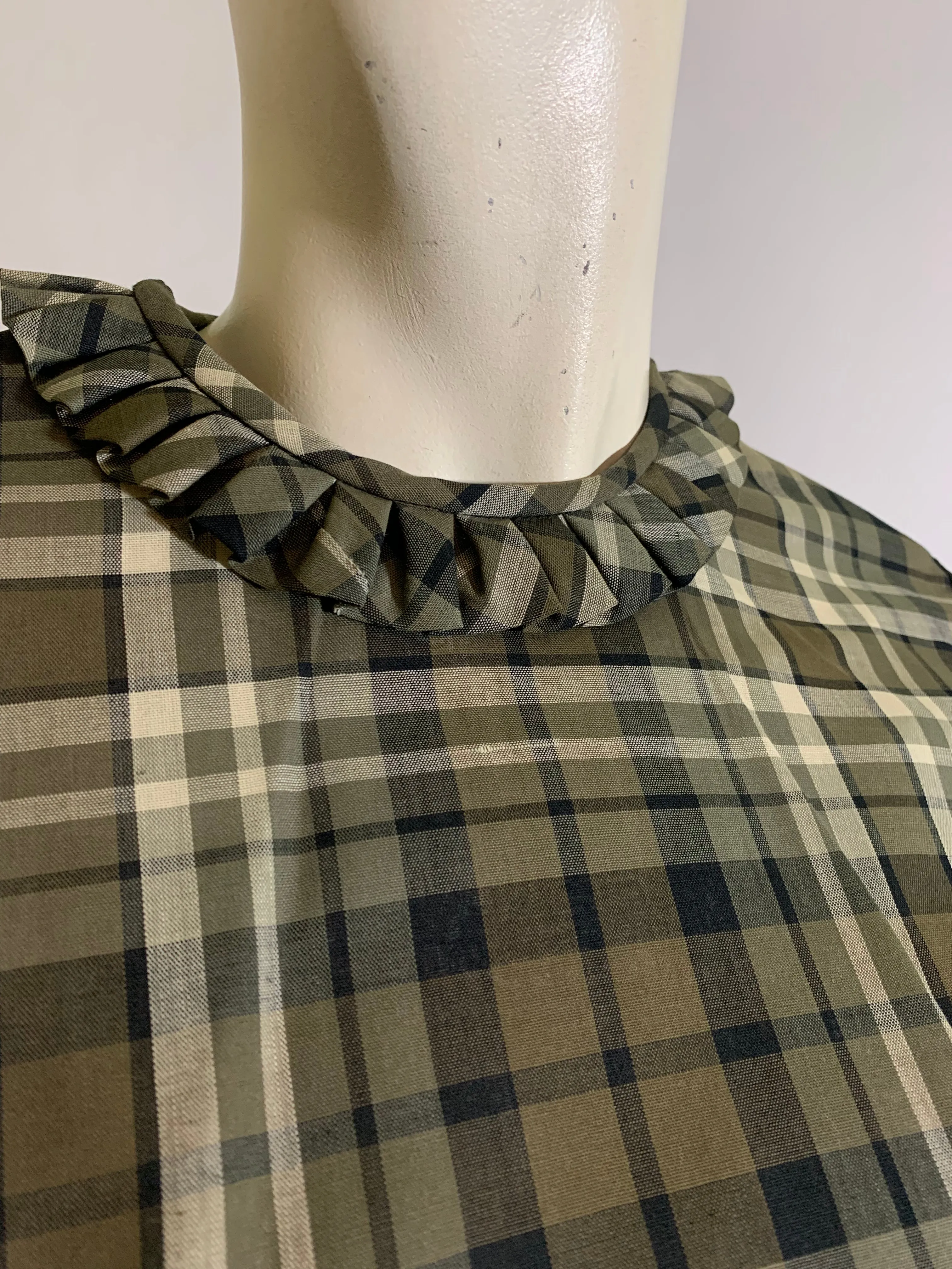 Blue & Tan Plaid Button Back Nipped Waist Blouse circa 1960s