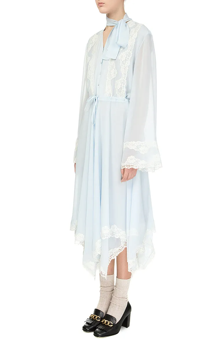 Blue Chiffon Dress with White Lace