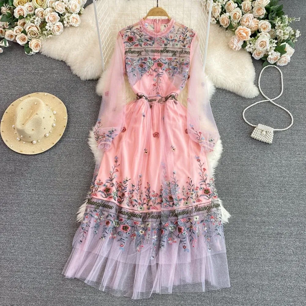 Bohemian Flower Embroidery Dress, Long Sleeve Mesh Lace Ruffles Dress