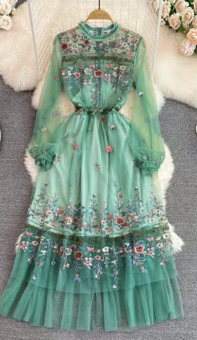 Bohemian Flower Embroidery Dress, Long Sleeve Mesh Lace Ruffles Dress