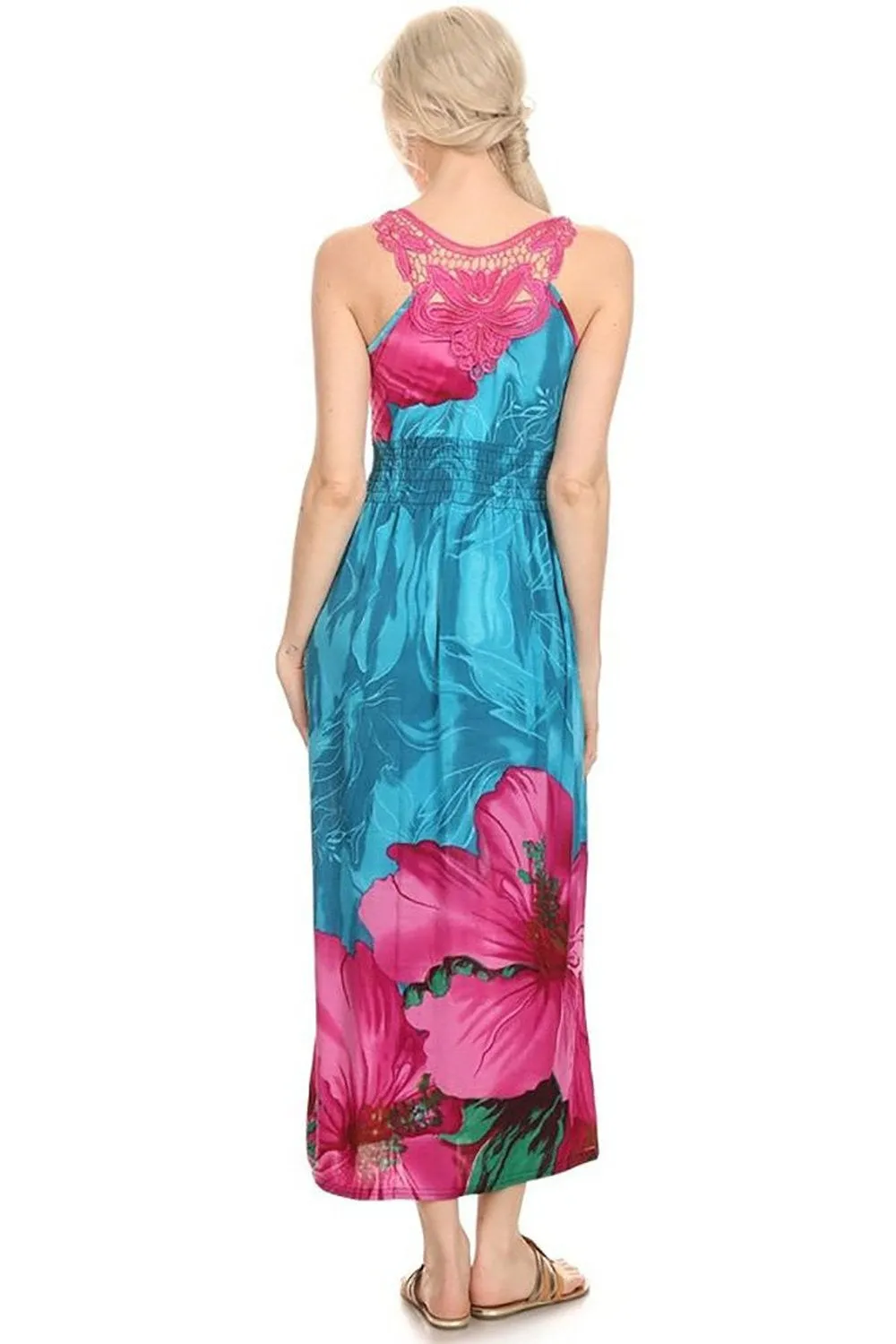 Bright Blue Fuchsia Floral Summer Vacation Maxi Dress