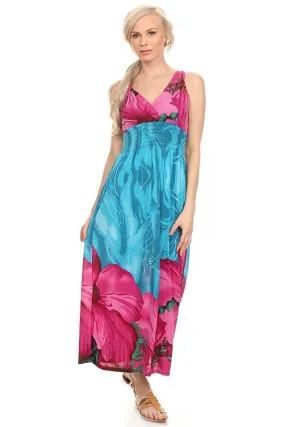 Bright Blue Fuchsia Floral Summer Vacation Maxi Dress