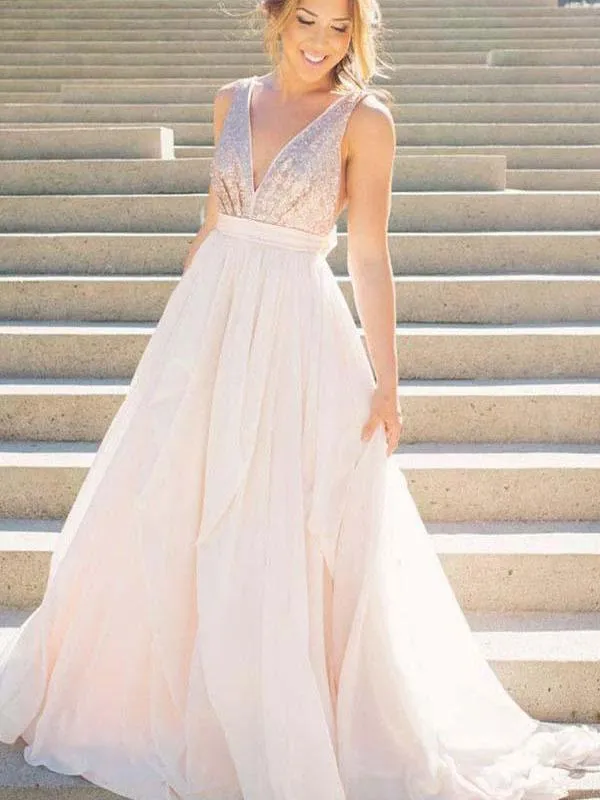 Brilliant Tulle V-neck Neckline Chapel Train A-line Prom Dresses With Sequins PD094