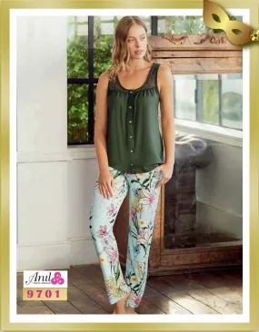 Buttoned Top and Floral Patterned Pants Pajamas 9701