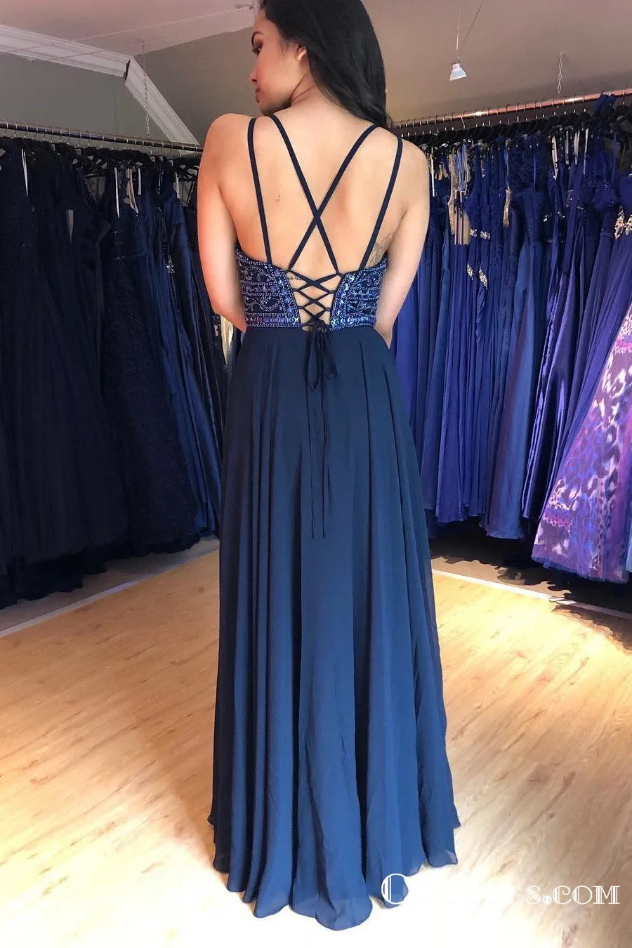 Charming V-neck Navy Blue Chiffon Long Cheap Prom Dresses With Beaded, TYP1894