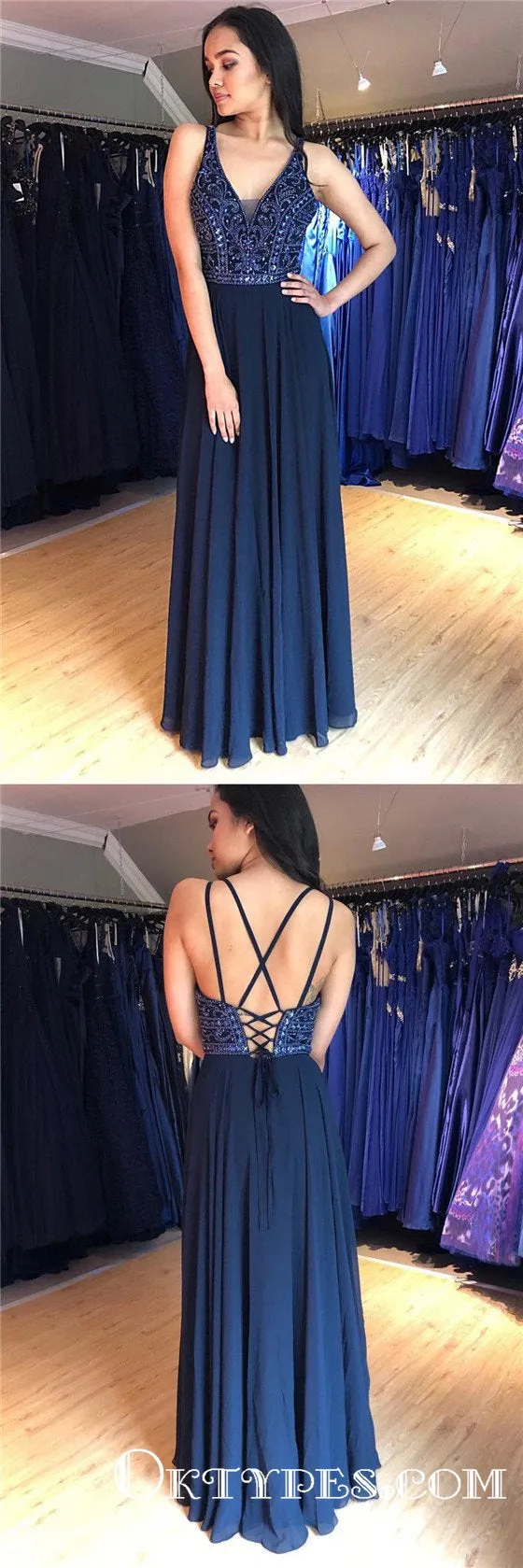 Charming V-neck Navy Blue Chiffon Long Cheap Prom Dresses With Beaded, TYP1894