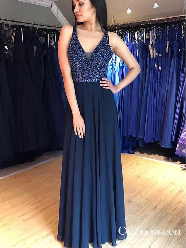 Charming V-neck Navy Blue Chiffon Long Cheap Prom Dresses With Beaded, TYP1894