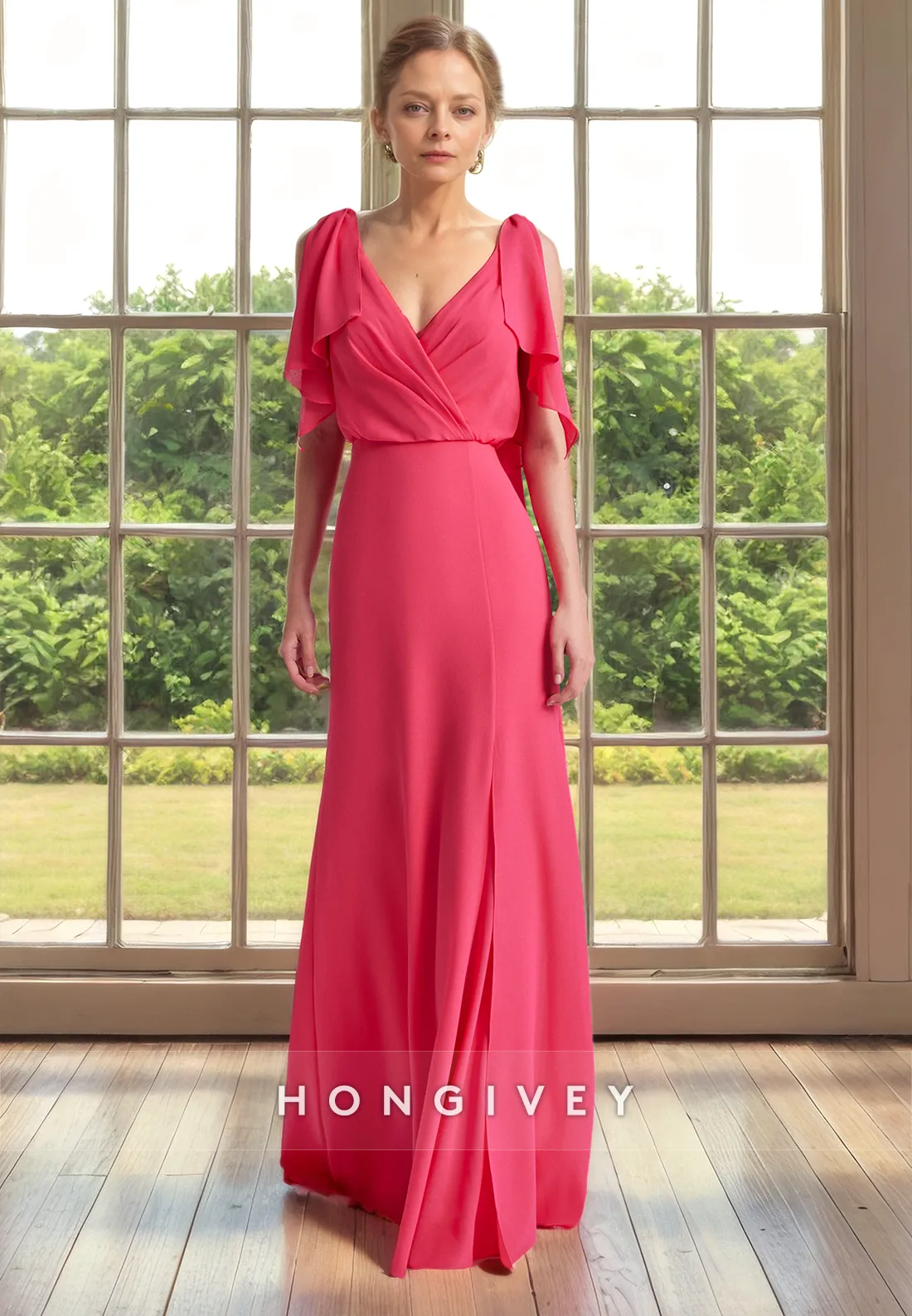 Chic Chiffon A-Line V-Neck Empire Mother of the Bride Dress