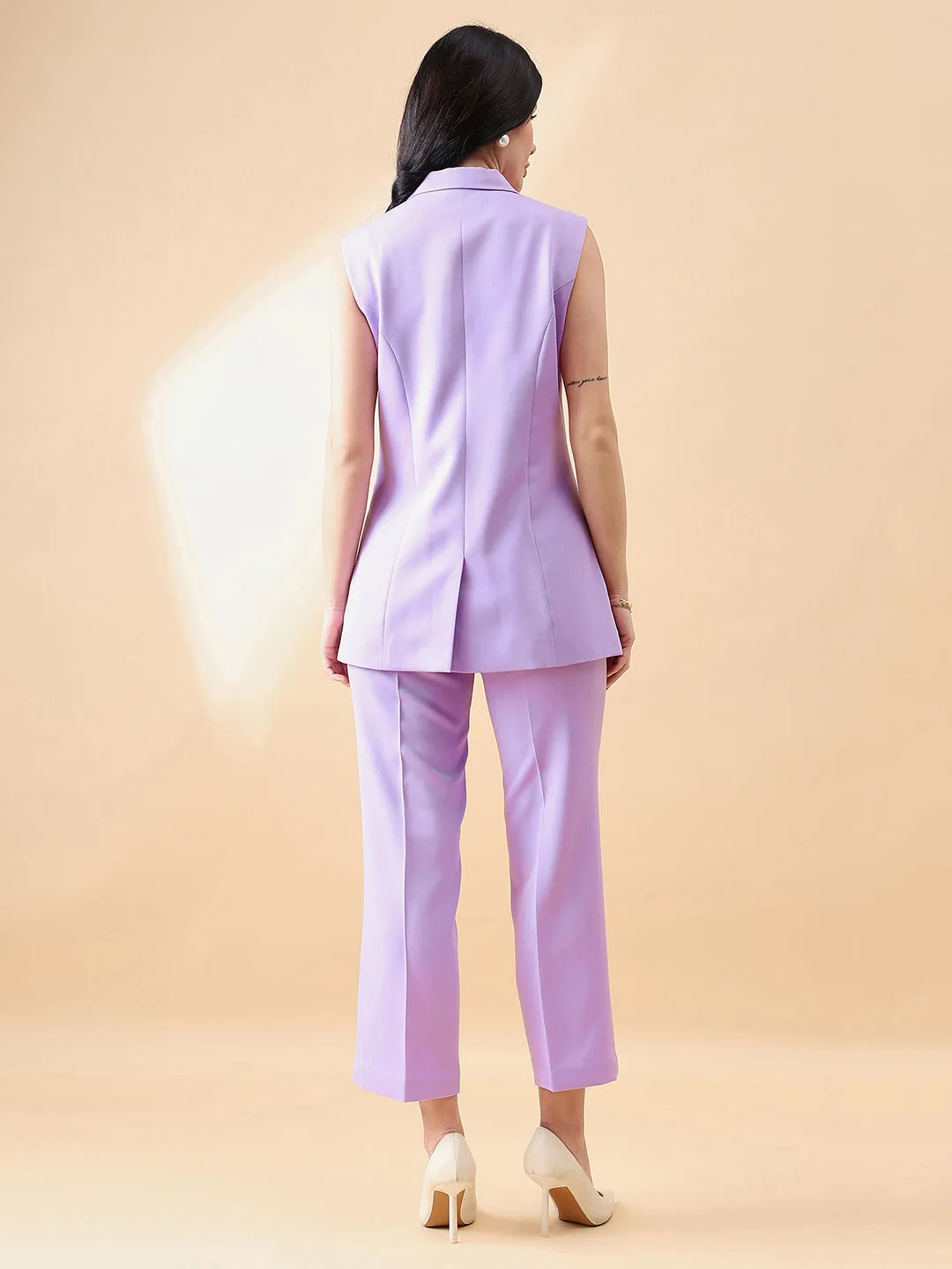 Cut- Sleeve Notch Collar Stretch Pant Suit- Lavender