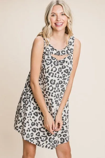 Cute Animal Print Cut Out Neckline Sleeveless Tunic Dress