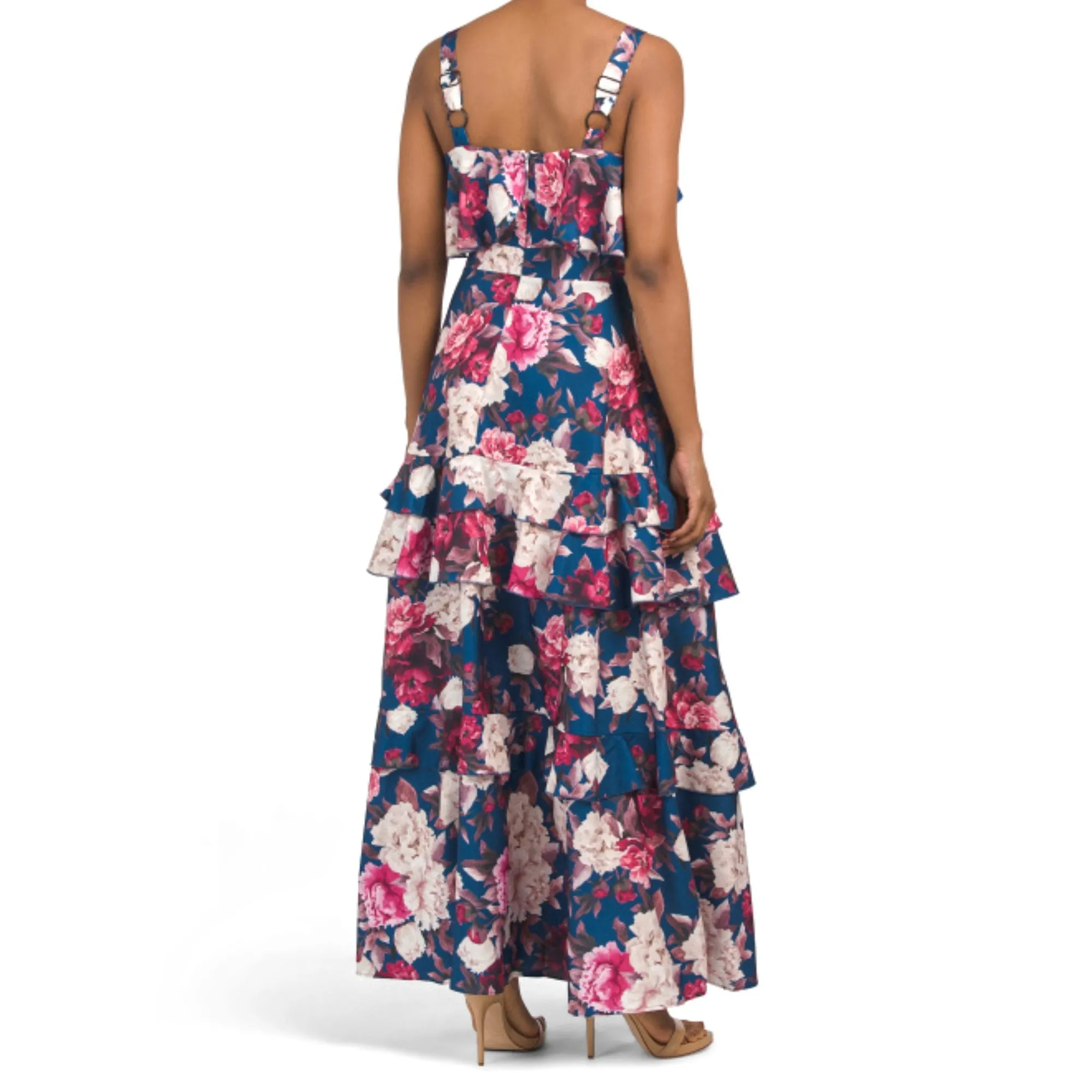 DALIA MACPHEE Women's Floral Print Ruffle Square Neck Maxi Dress