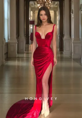 Elegant Spaghetti Straps Sweetheart Long Prom Dress Red Velour Formal Evening Party Dress with High Slit