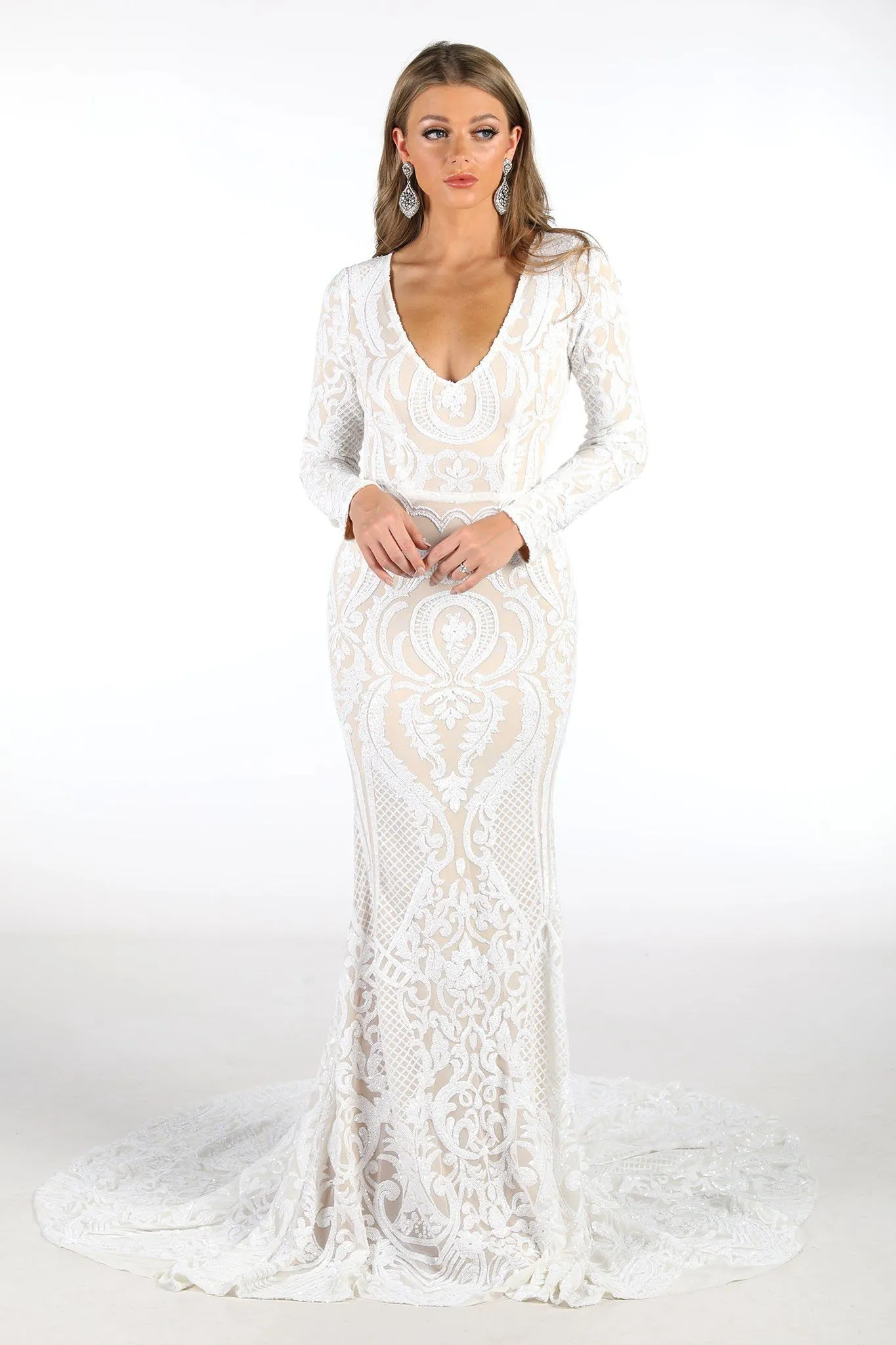 Elena Long-Sleeve Pattern Sequin Gown - White/Nude