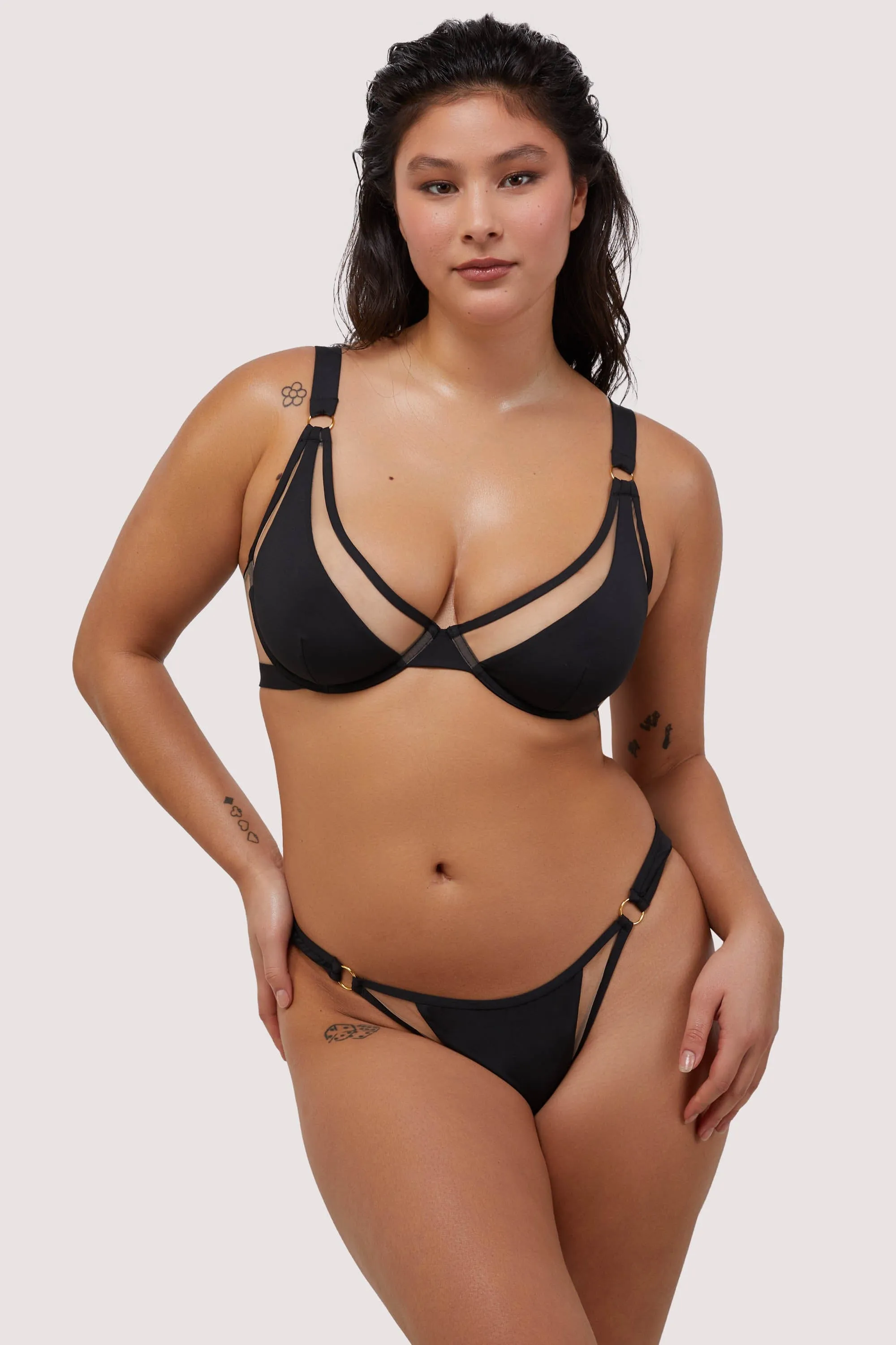 Eloise Black Mid-Rise Bikini Bottoms with Nude Inserts