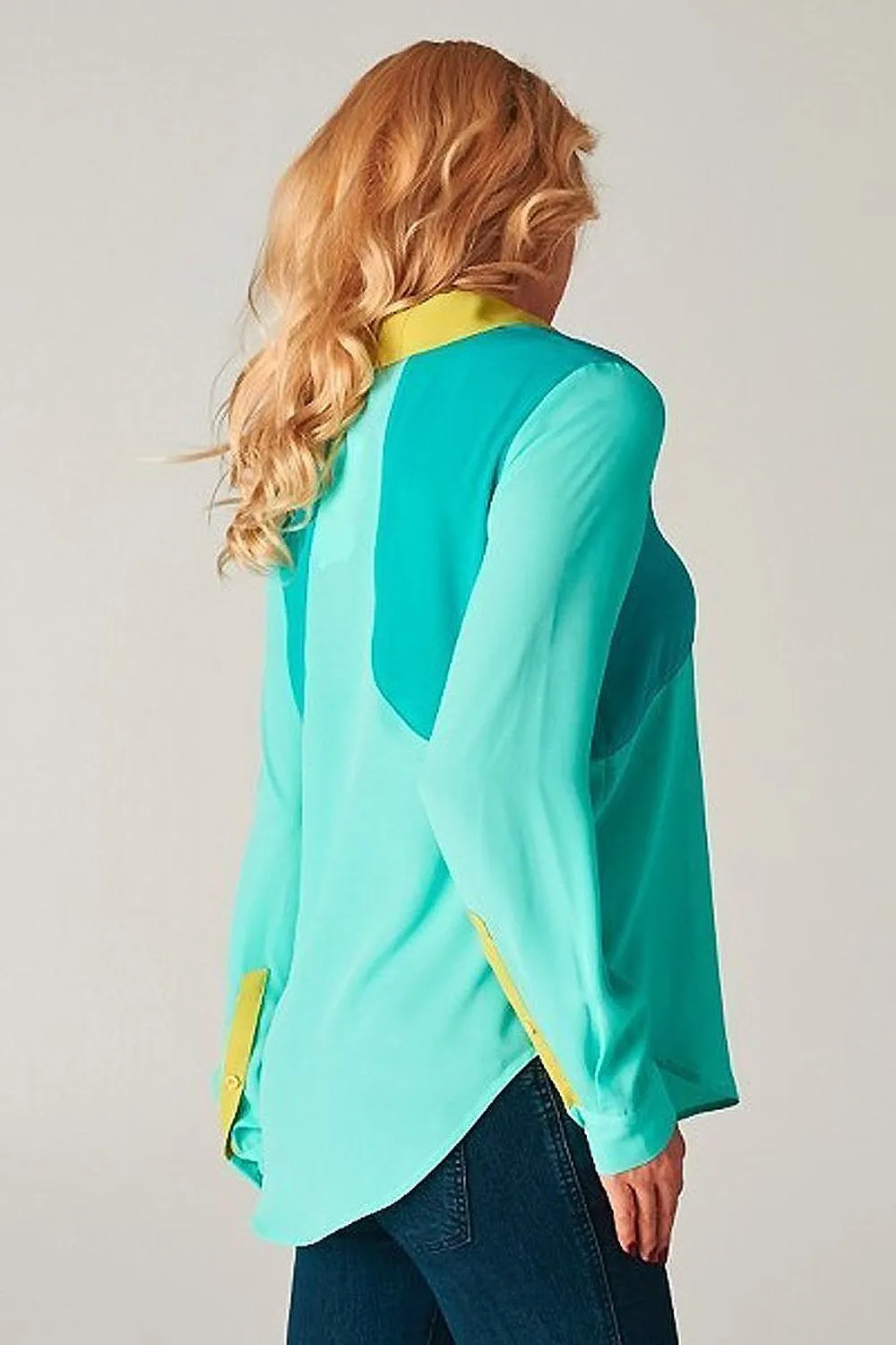 Esley Mint Green Colorblock Long Sleeve Women's Work Wear Blouse