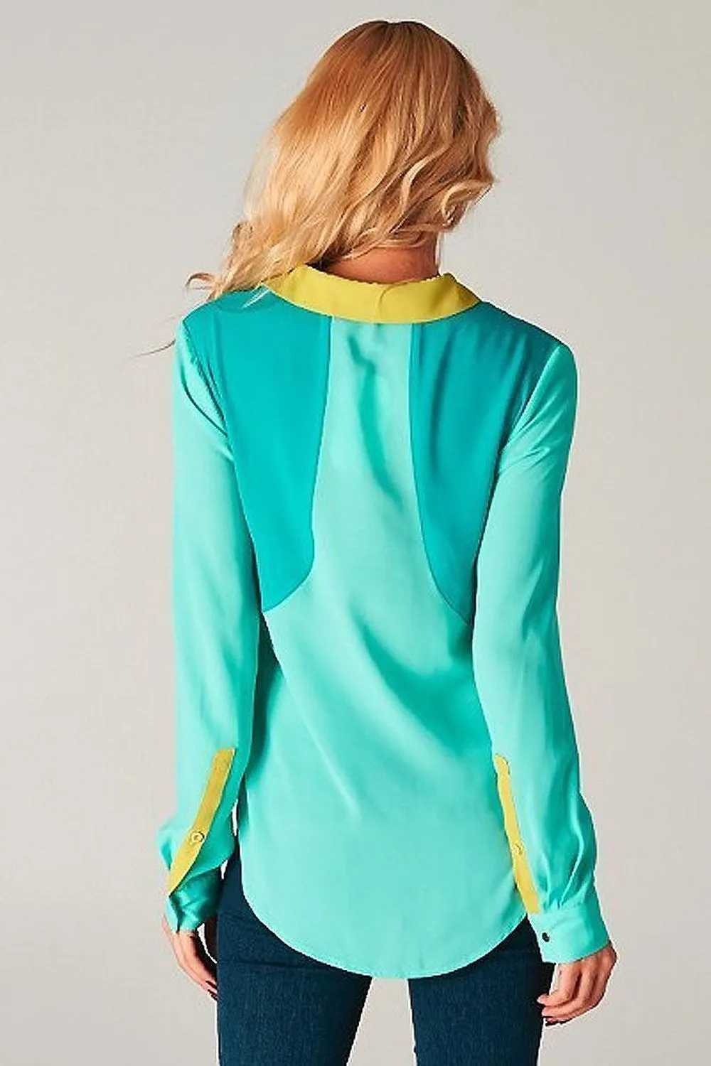 Esley Mint Green Colorblock Long Sleeve Women's Work Wear Blouse