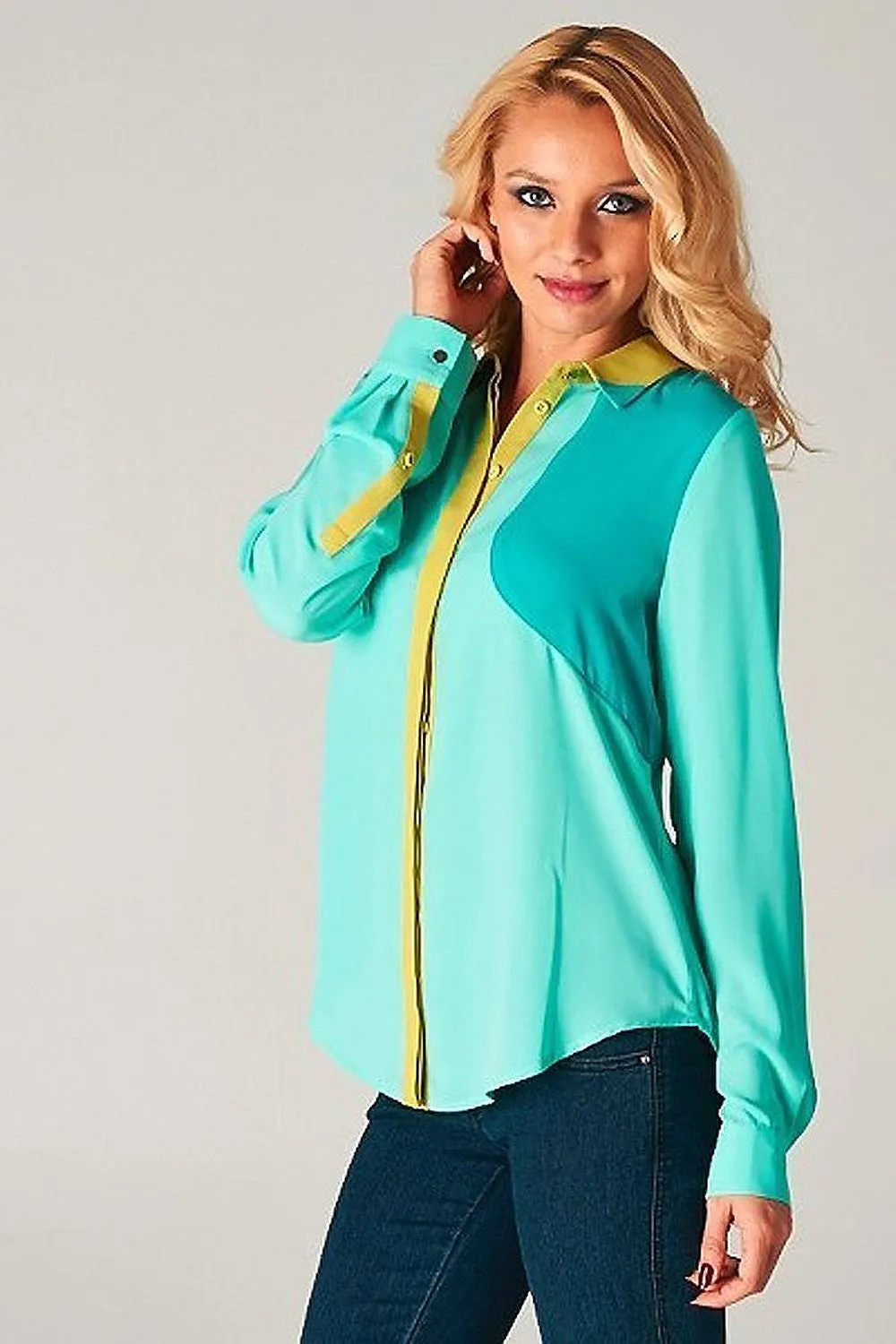 Esley Mint Green Colorblock Long Sleeve Women's Work Wear Blouse