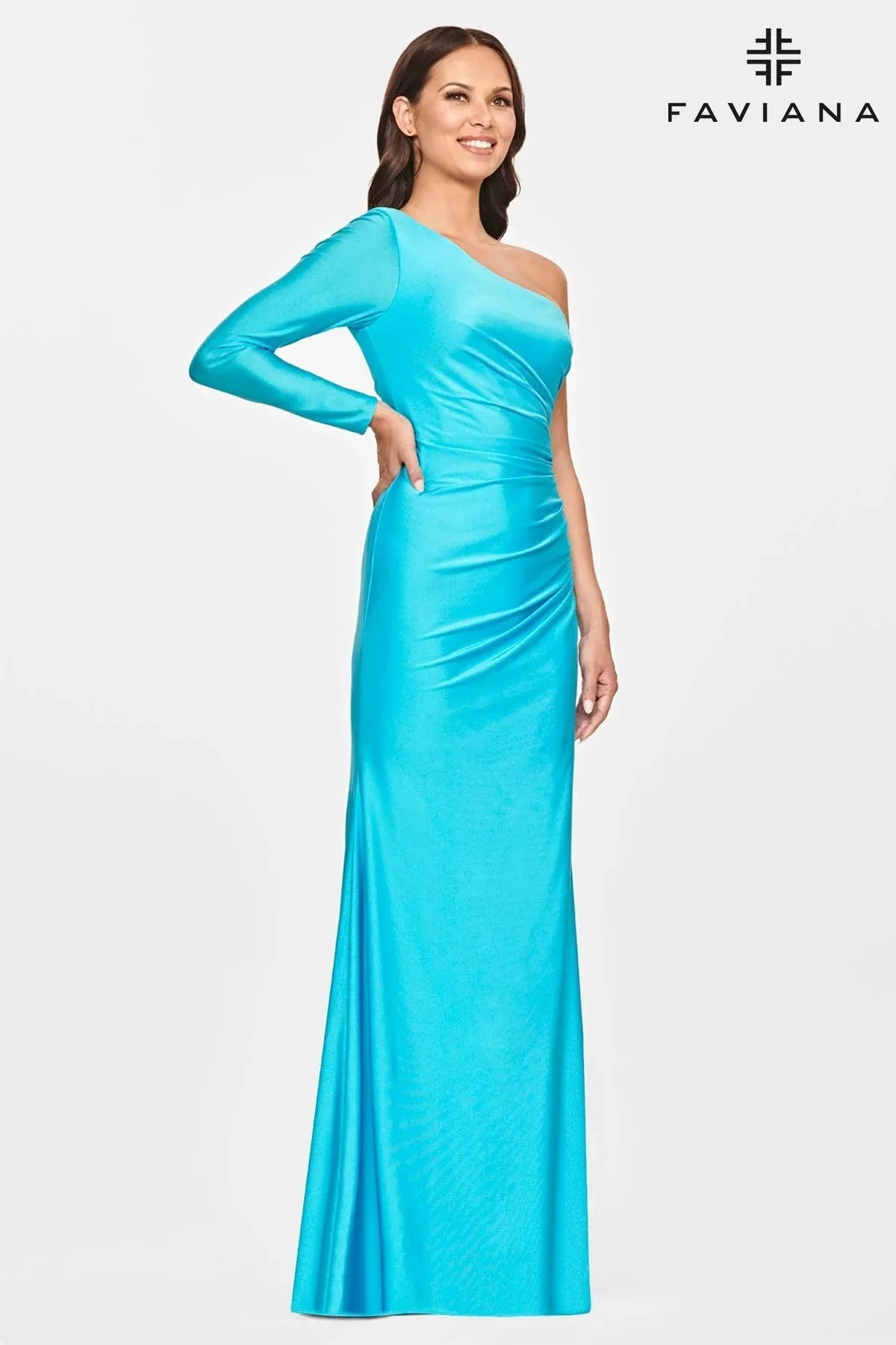 Faviana S10827 1 Sleeve Dress | Sky Blue, Dark Emerald