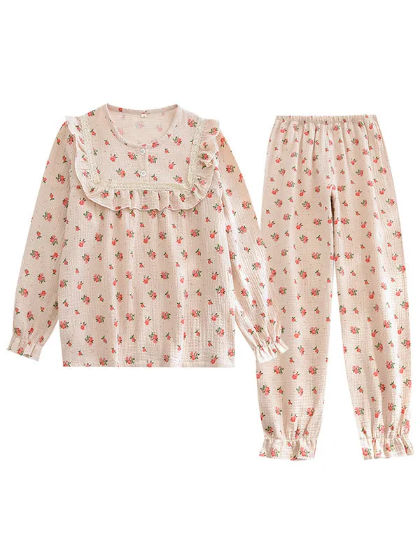 Floral Lace Stitching Pajama Set