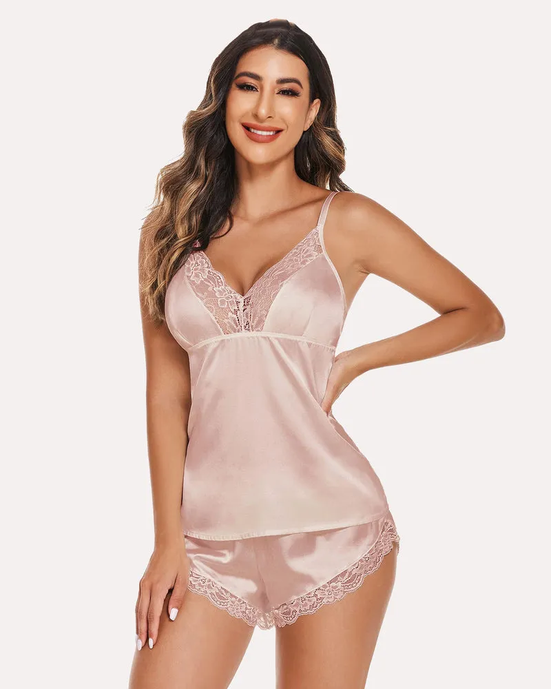 Floral Print Lace Satin Pajamas Set