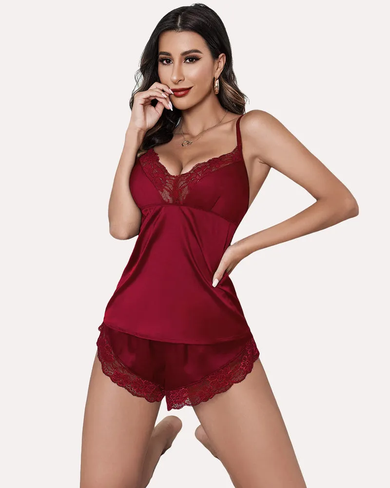 Floral Print Lace Satin Pajamas Set