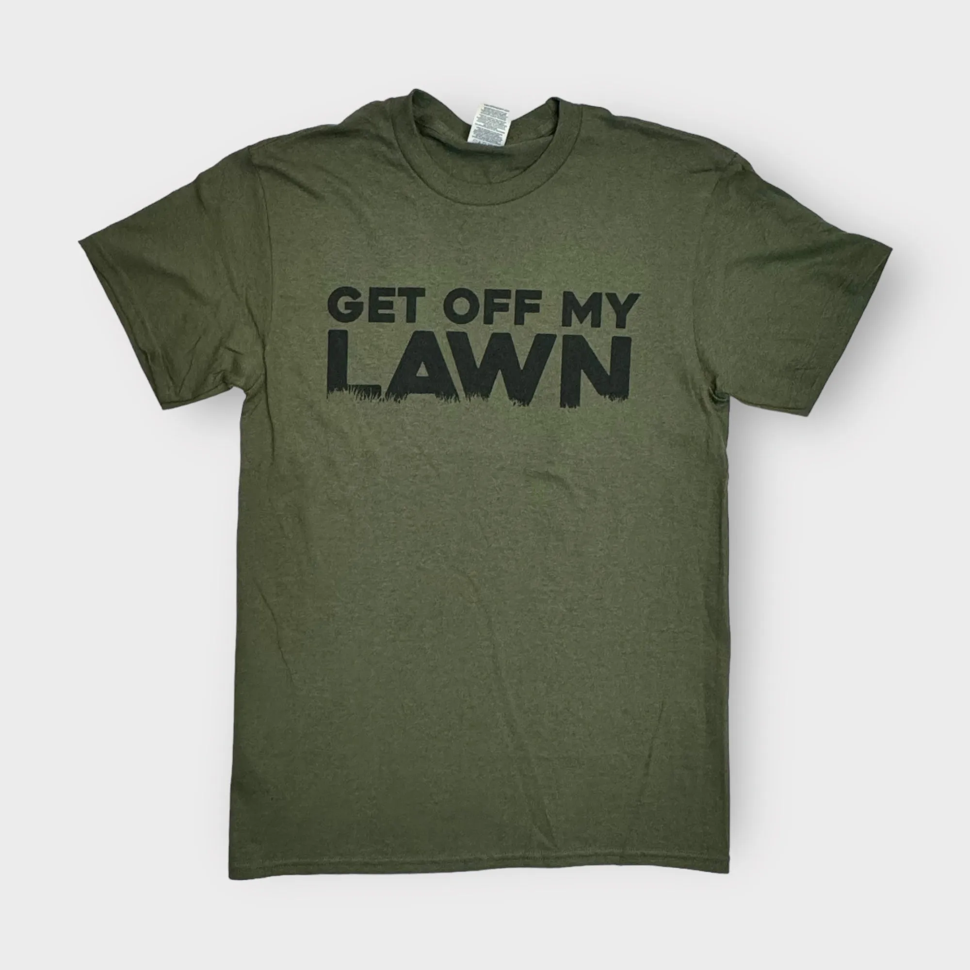 Get Off My Lawn Crew Neck T-Shirt | S | Olive Green | Pre-Shrunk | New