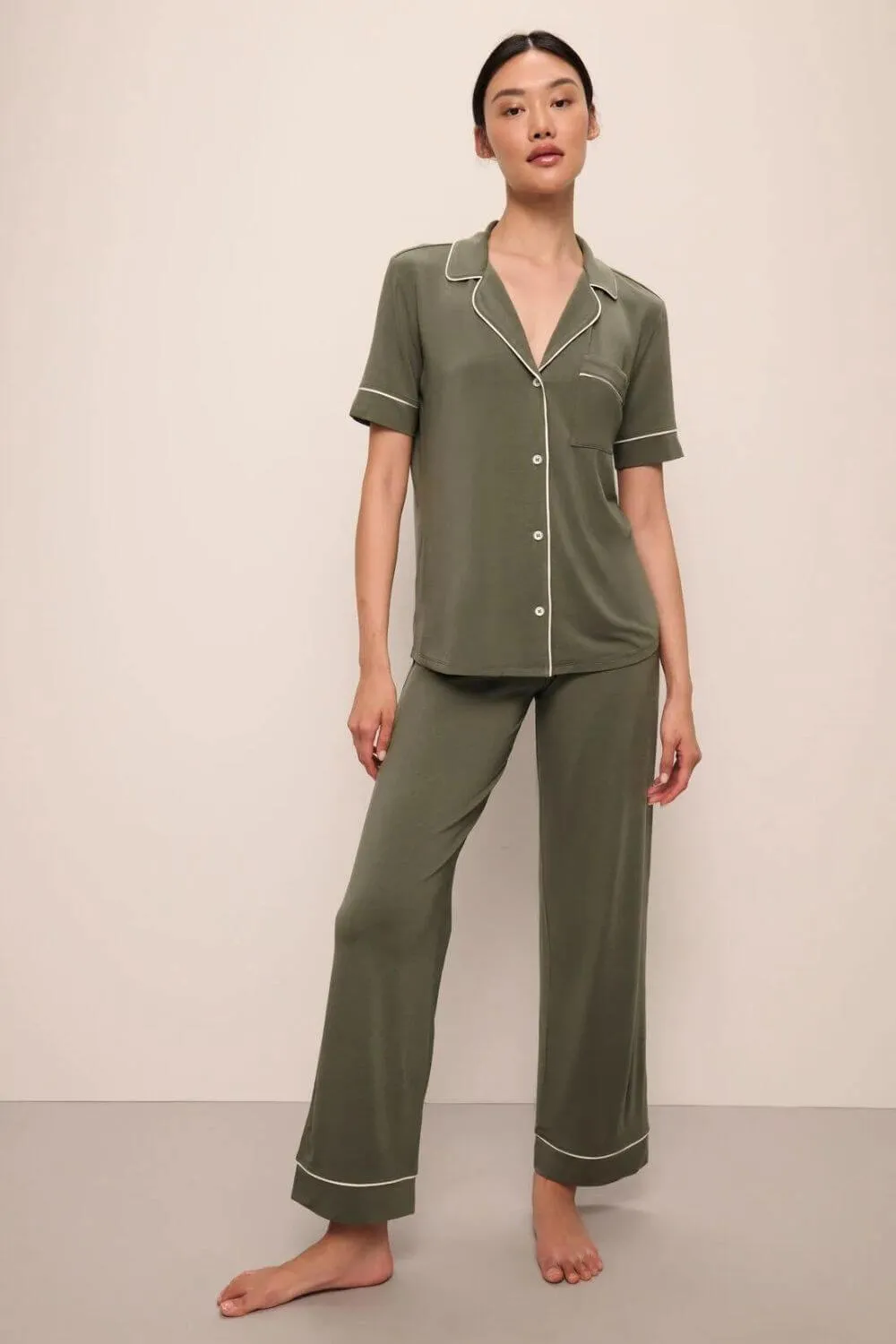 Gisele Short Sleeve Long Pants Set in Moss/Ivory