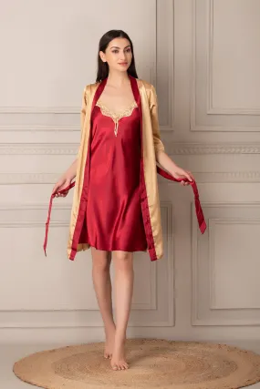 Gold & Maroon Satin Short Nightgown set