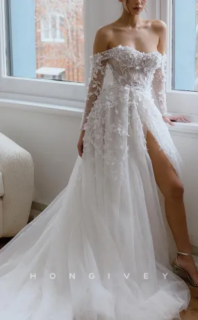 H1173 - Sexy A-Line Tulle Illusion Off-Shoulder Long Sleeve Appliques With Side Slit Train Wedding Dress