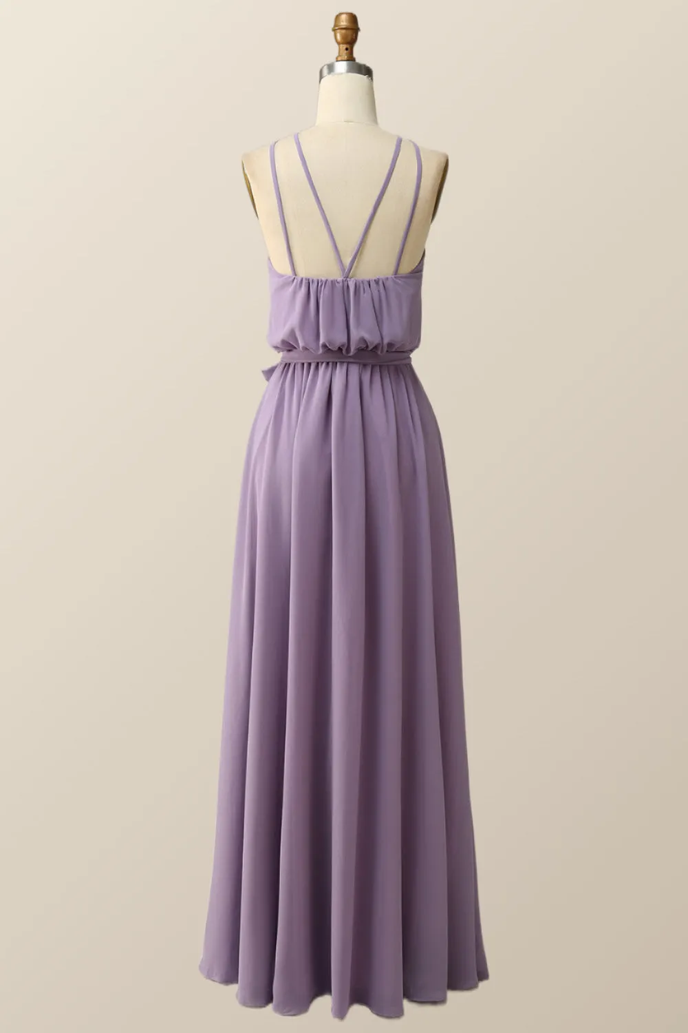 Halter Straps Purple Chiffon Long Bridesmaid Dress