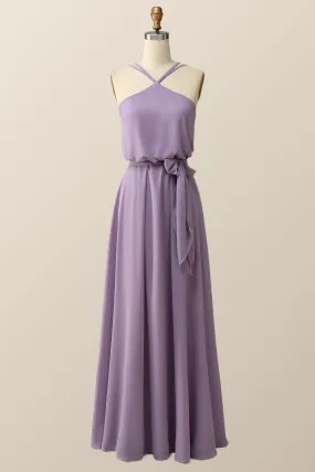 Halter Straps Purple Chiffon Long Bridesmaid Dress