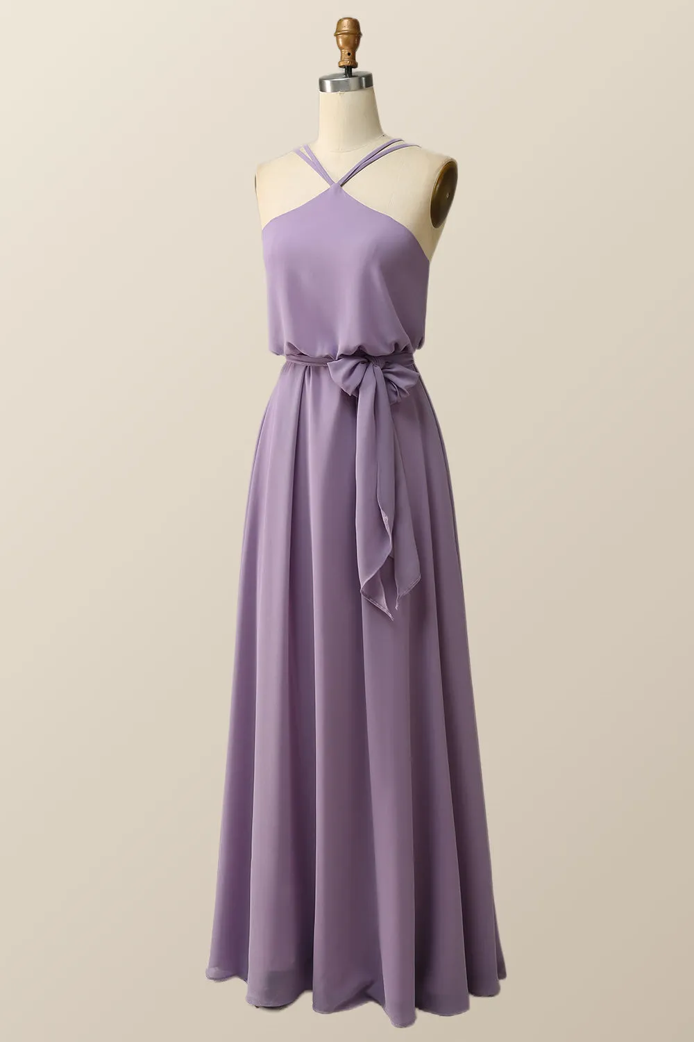 Halter Straps Purple Chiffon Long Bridesmaid Dress