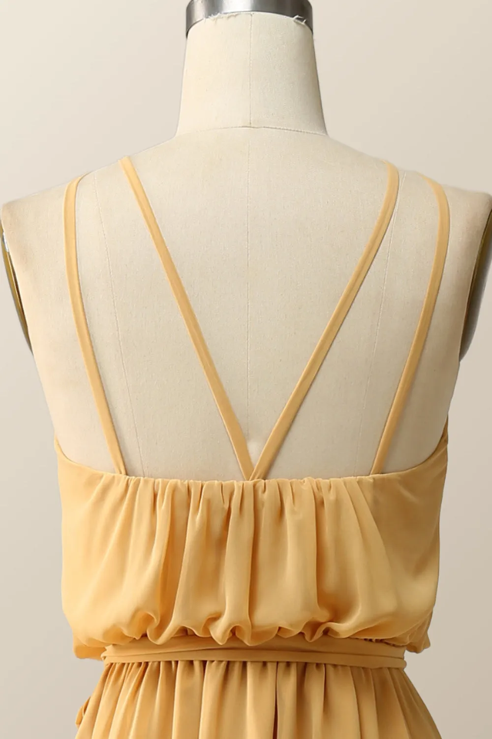 Halter Straps Yellow Chiffon Long Bridesmaid Dress