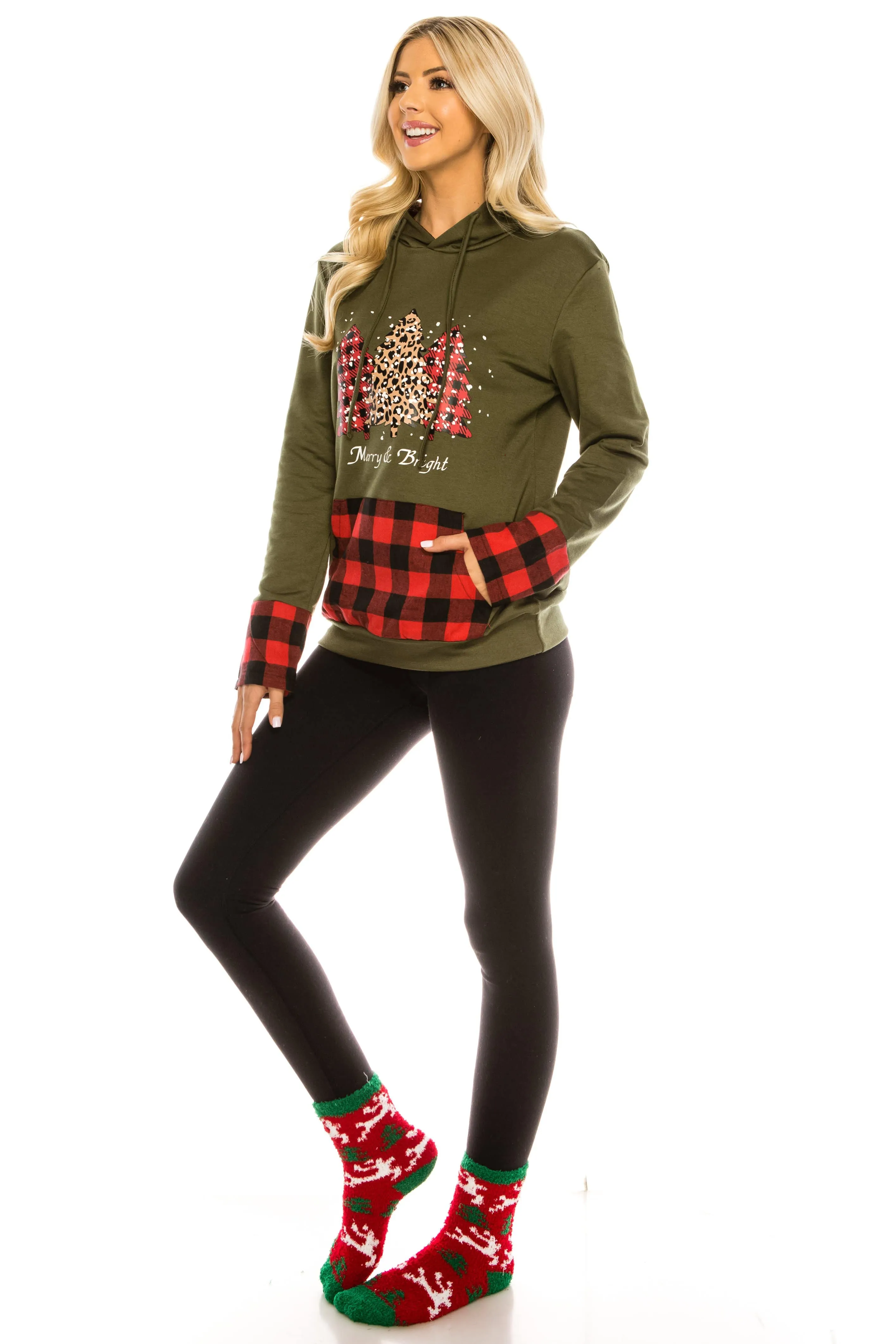 Haute Edition Women's Christmas Buffalo Plaid Hoodie and Fuzzy Sock Gift Set