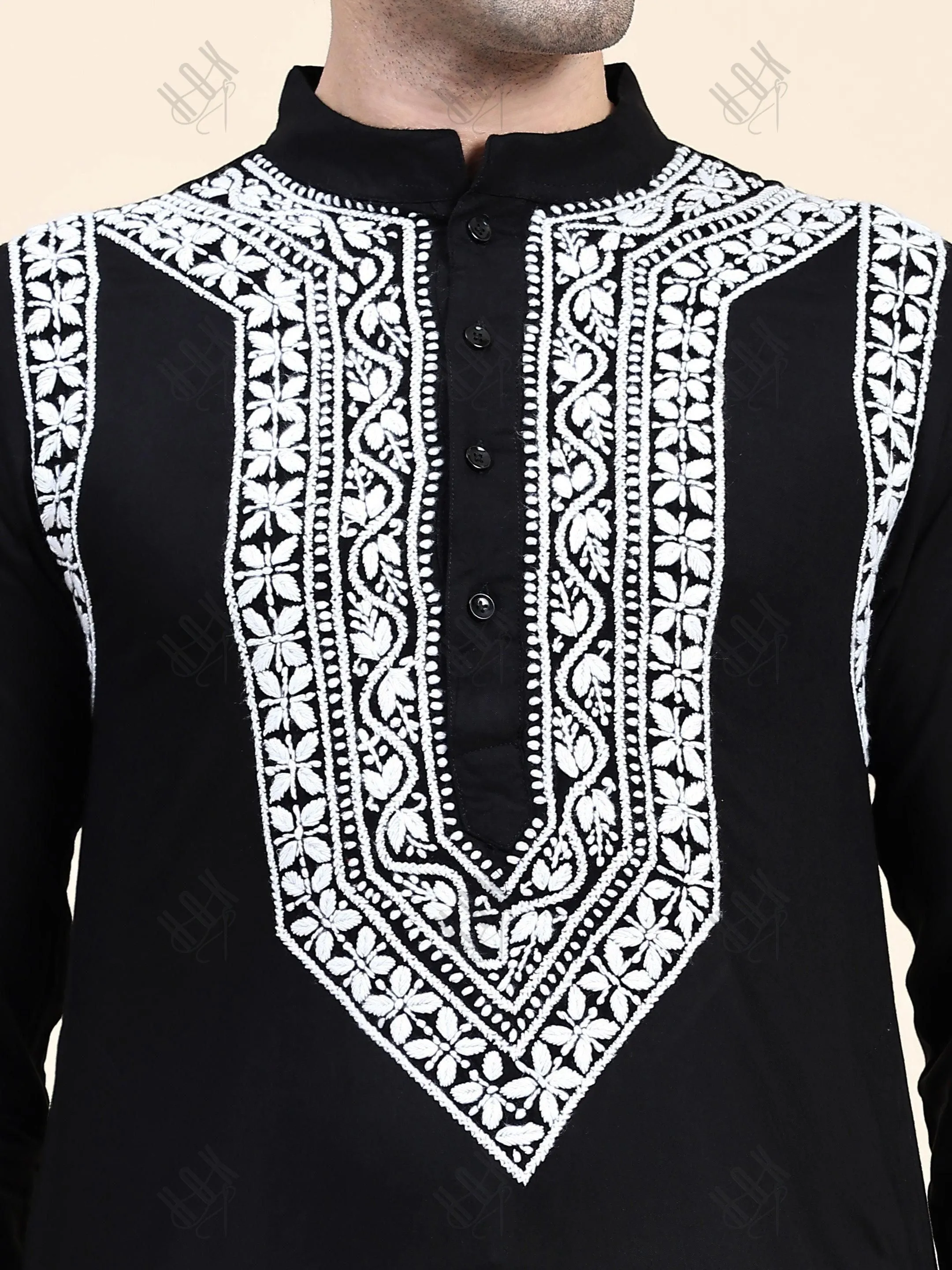 Hemant in HOK Men's Chikankari Kurta in Rayon Cotton - Black