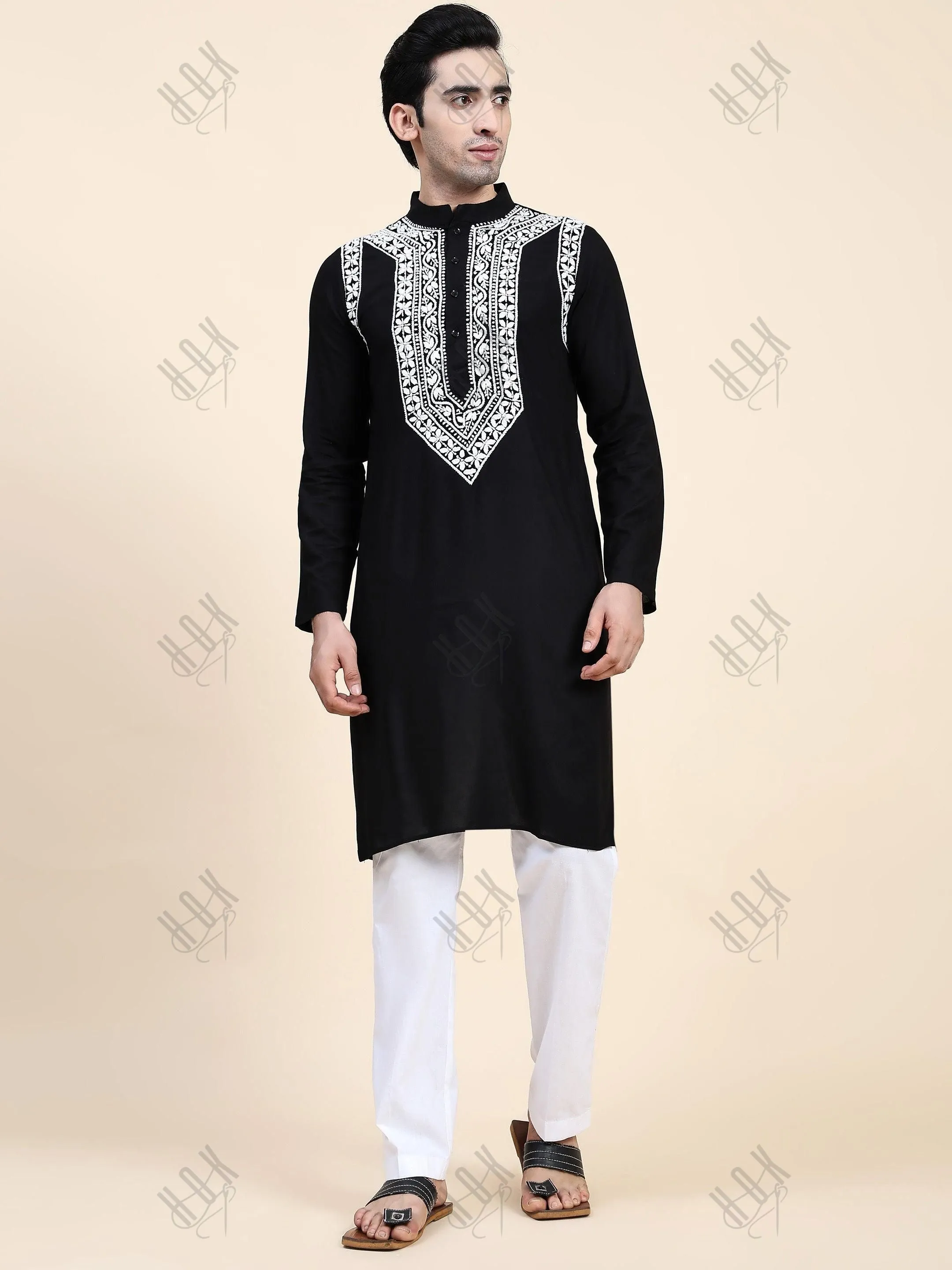 Hemant in HOK Men's Chikankari Kurta in Rayon Cotton - Black