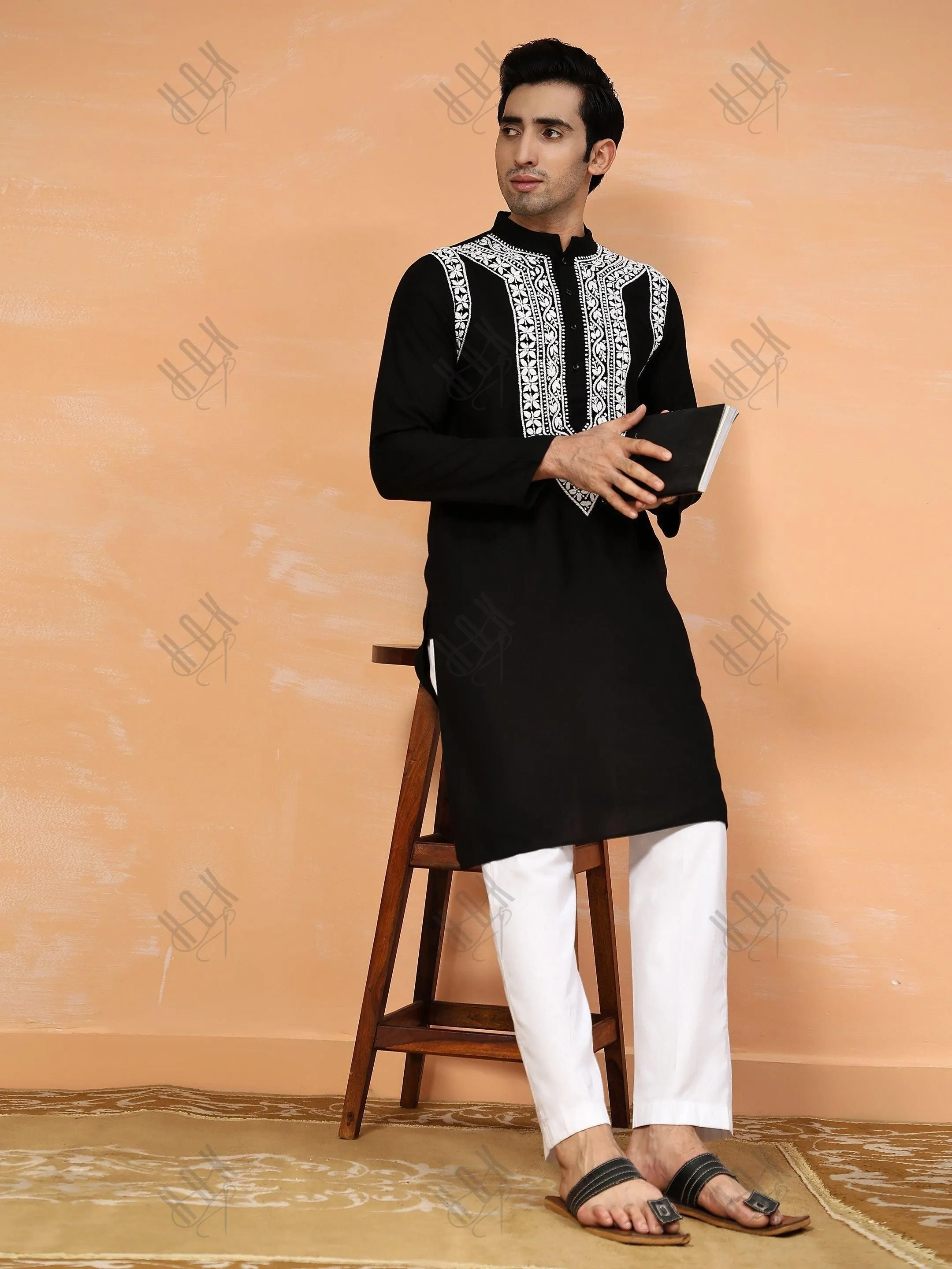 Hemant in HOK Men's Chikankari Kurta in Rayon Cotton - Black