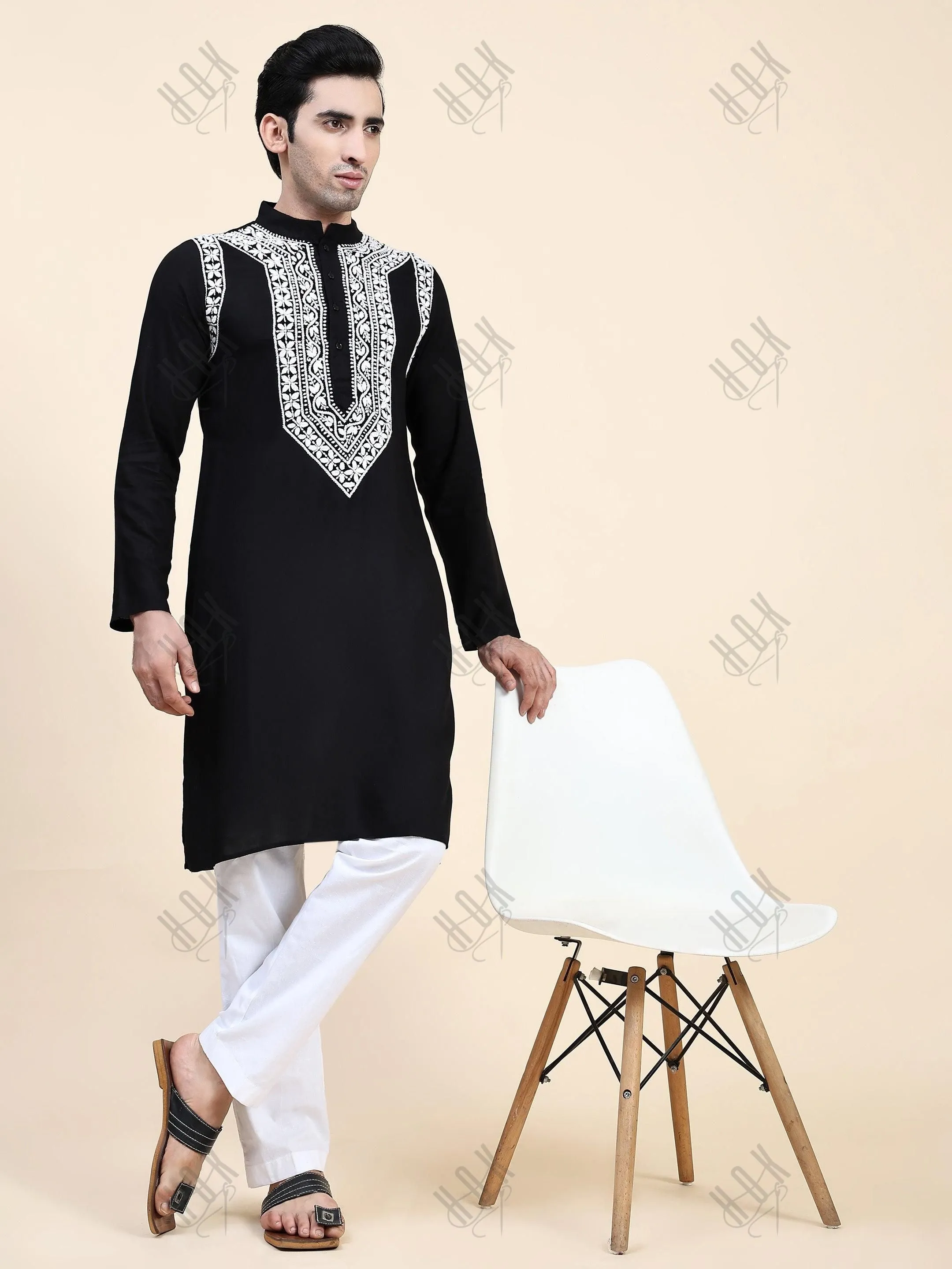 Hemant in HOK Men's Chikankari Kurta in Rayon Cotton - Black